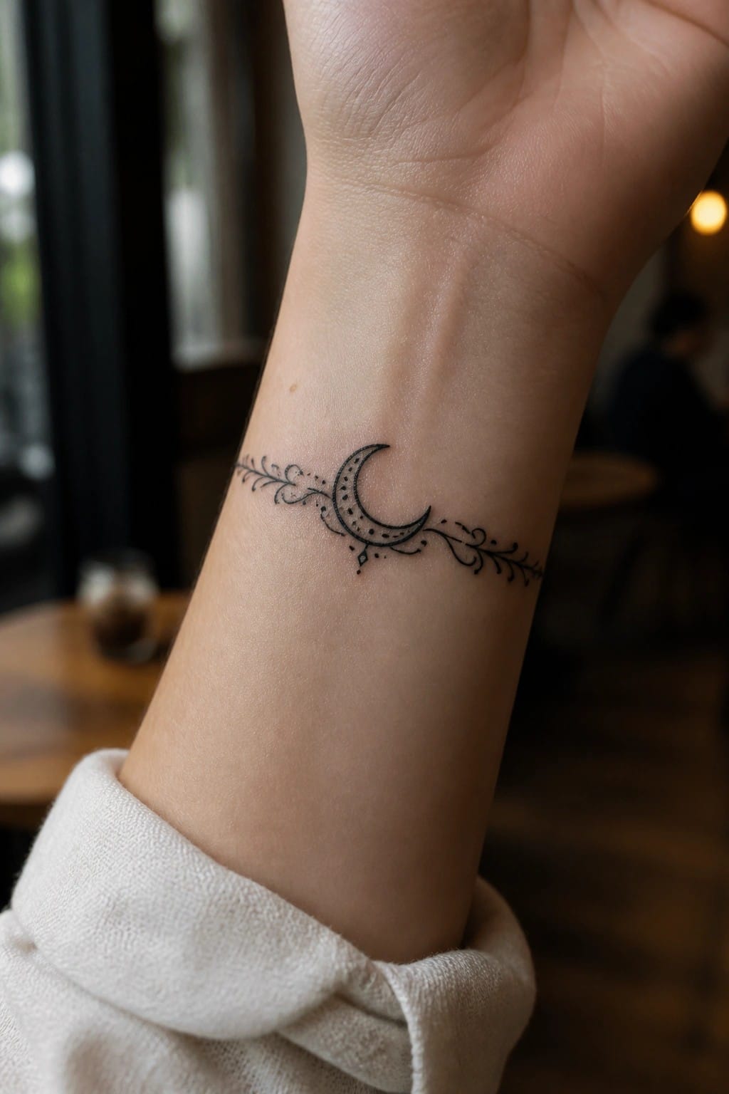 Fine line crescent moon tattoo with decorative vines on a person's inner wrist