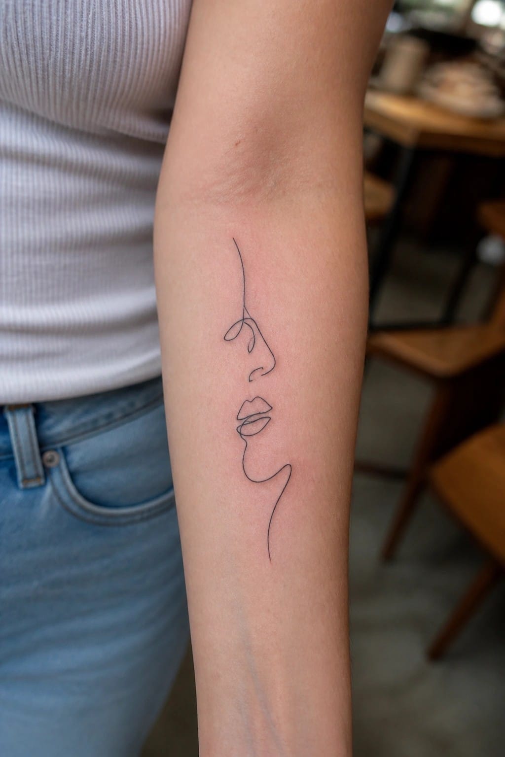 Continuous line tattoo of a woman's profile on forearm with white top and blue jeans.
