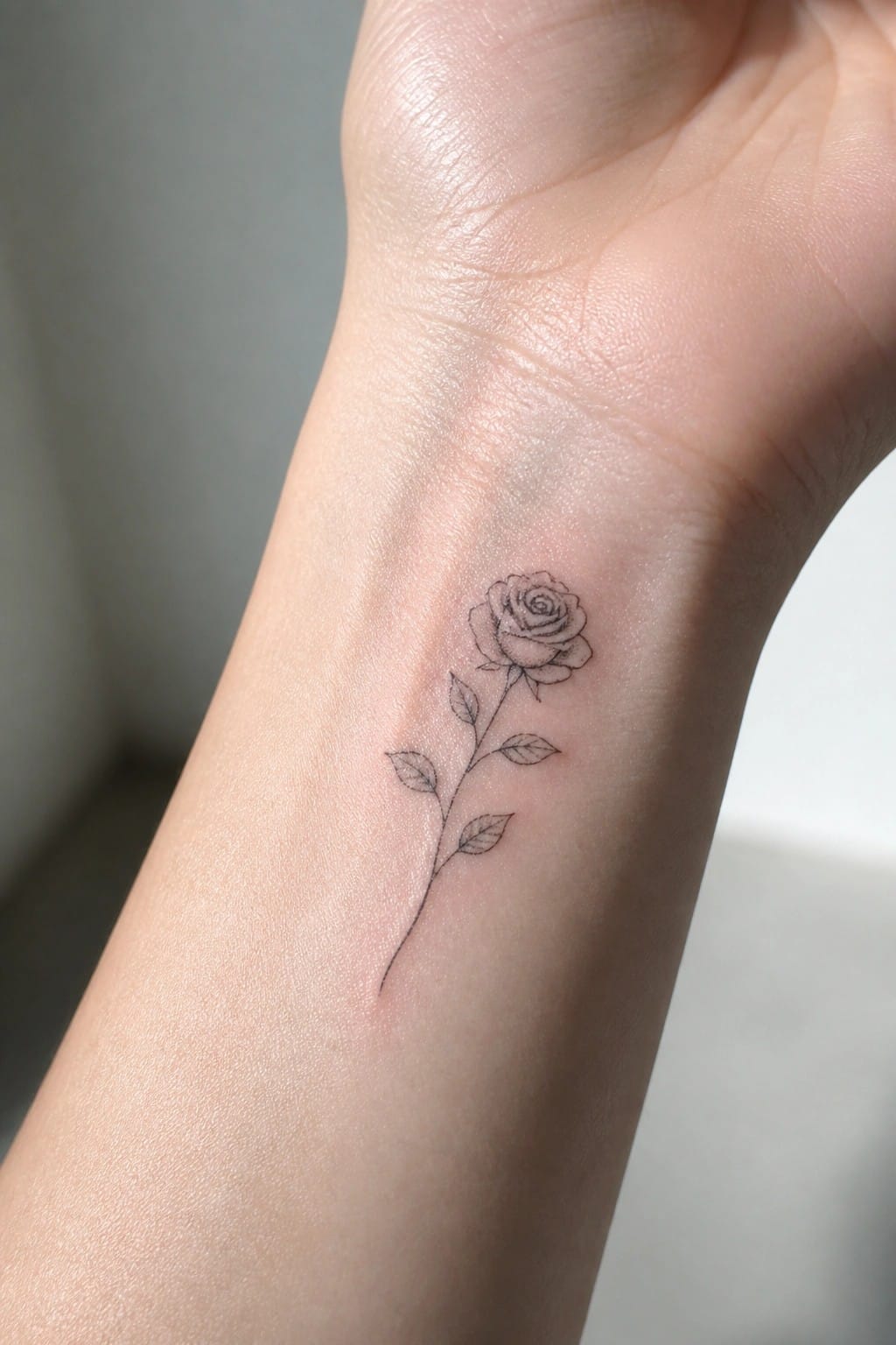 Minimalist black rose tattoo with stem and leaves on wrist skin