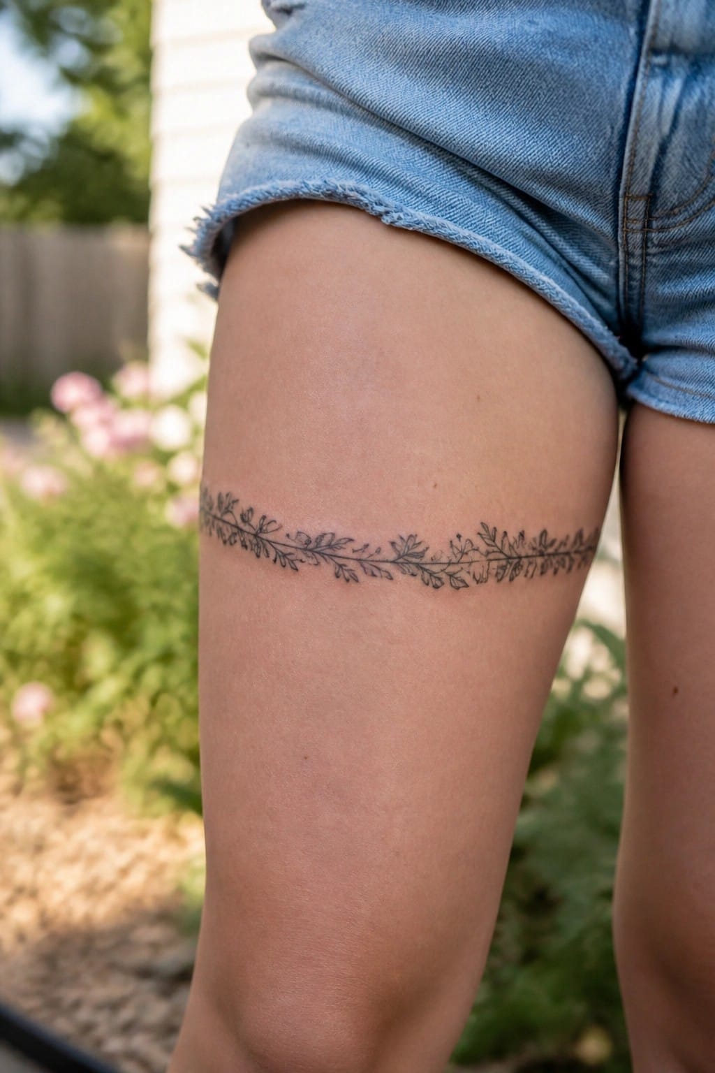 Fine line floral vine tattoo wrapping around the upper thigh