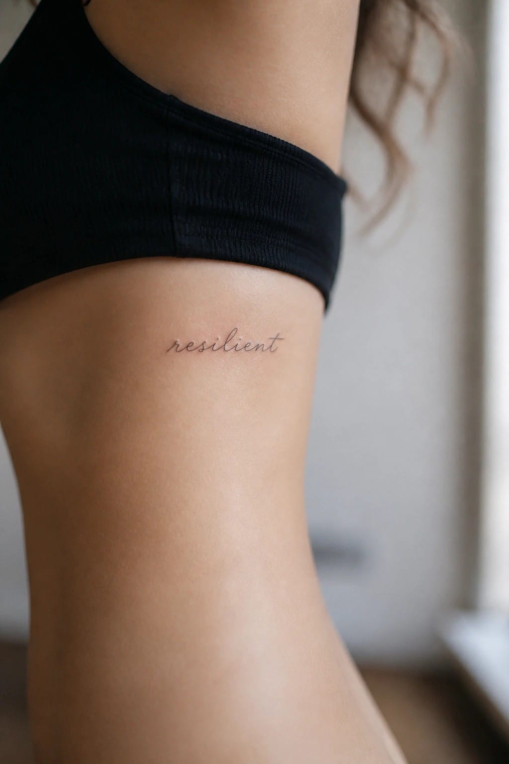 Small cursive script tattoo spelling the word resilient on the upper side torso below a black sports bra.