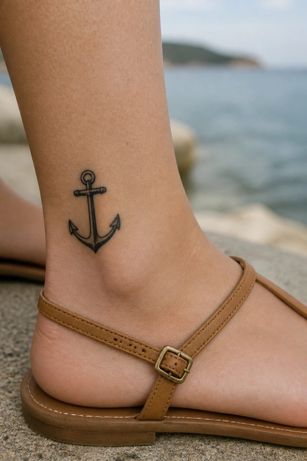 Black anchor tattoo on ankle above brown leather sandal by the sea