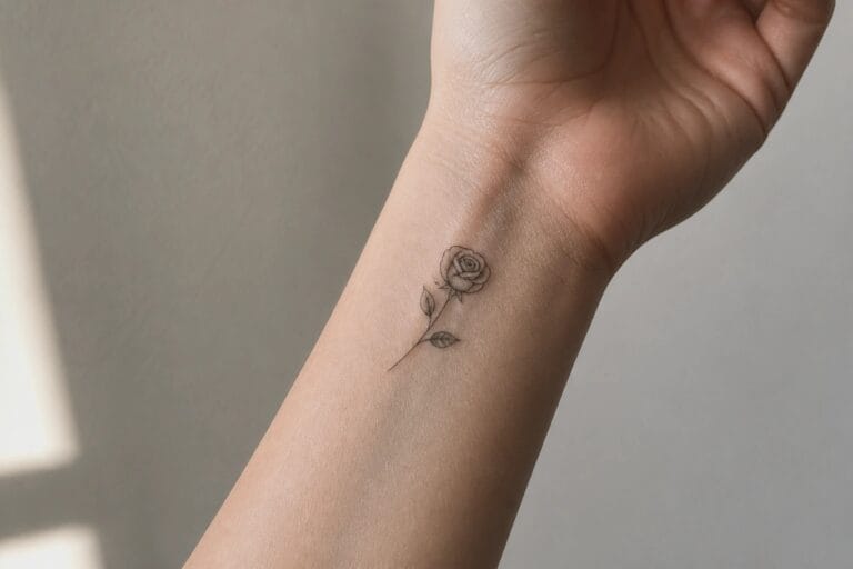 Minimalist black rose tattoo with stem and leaves on wrist skin