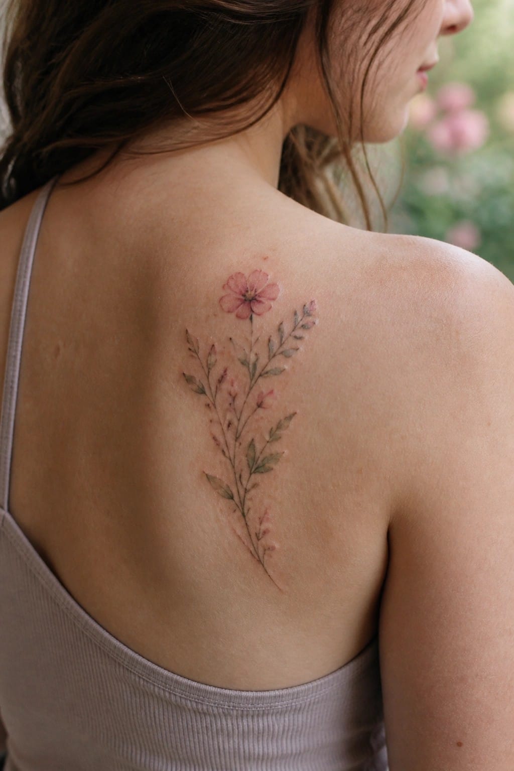 Woman's upper back with pink flower and leafy tattoo above tank top strap