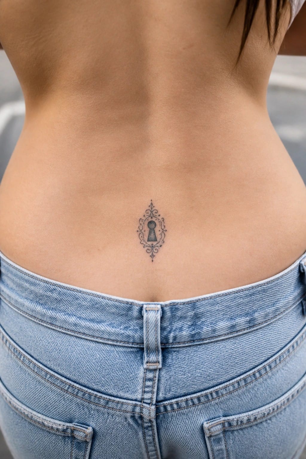 Ornate keyhole tattoo centered on bare lower back above light blue jeans