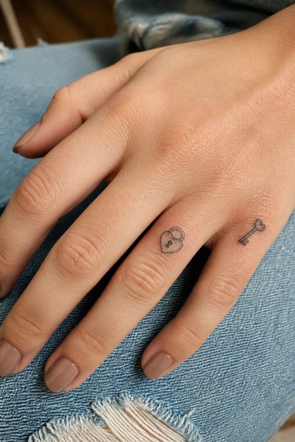 Hand with beige nails and heart padlock plus key tattoos resting on ripped blue jeans.