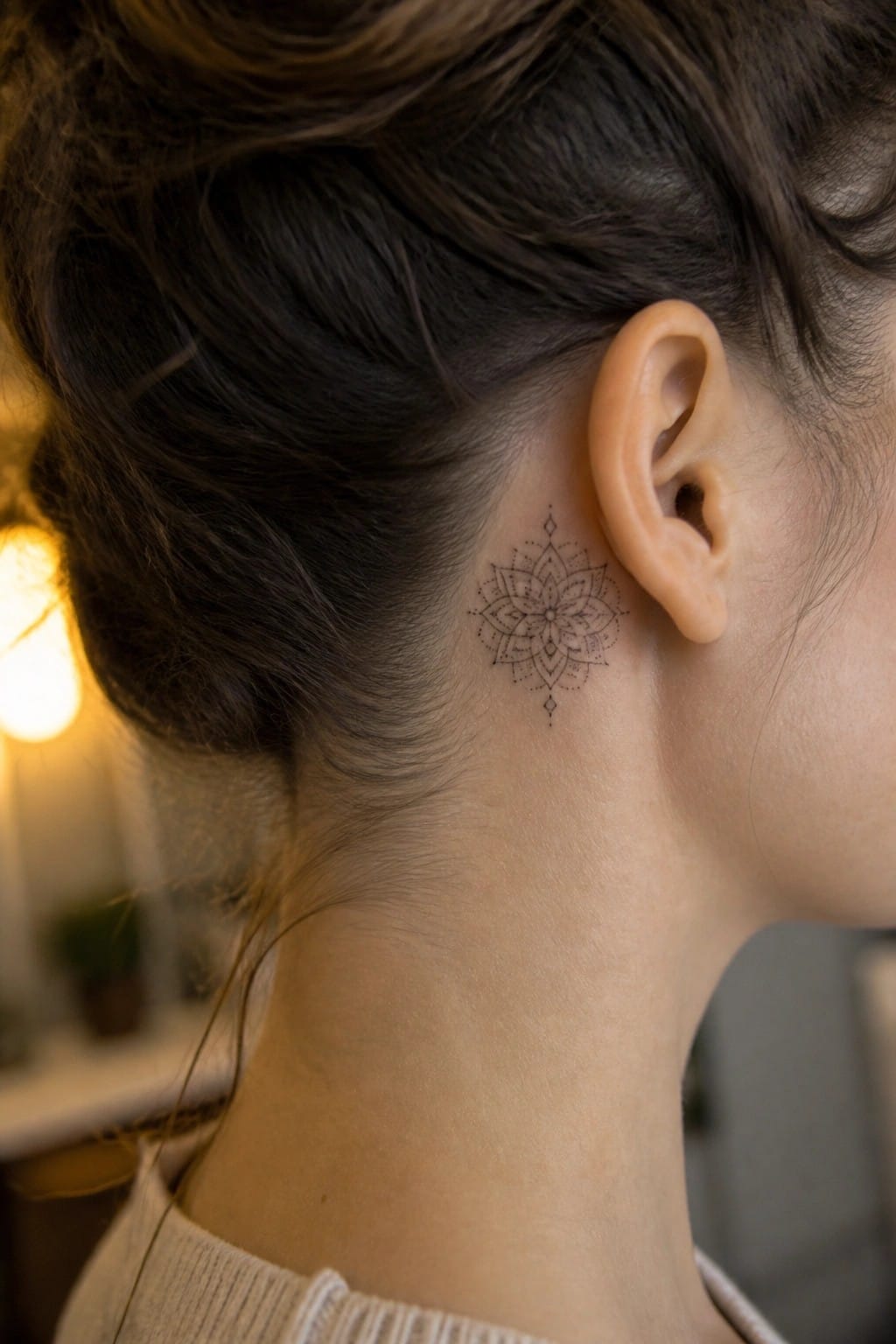 Woman's neck with black mandala tattoo behind ear, hair in bun