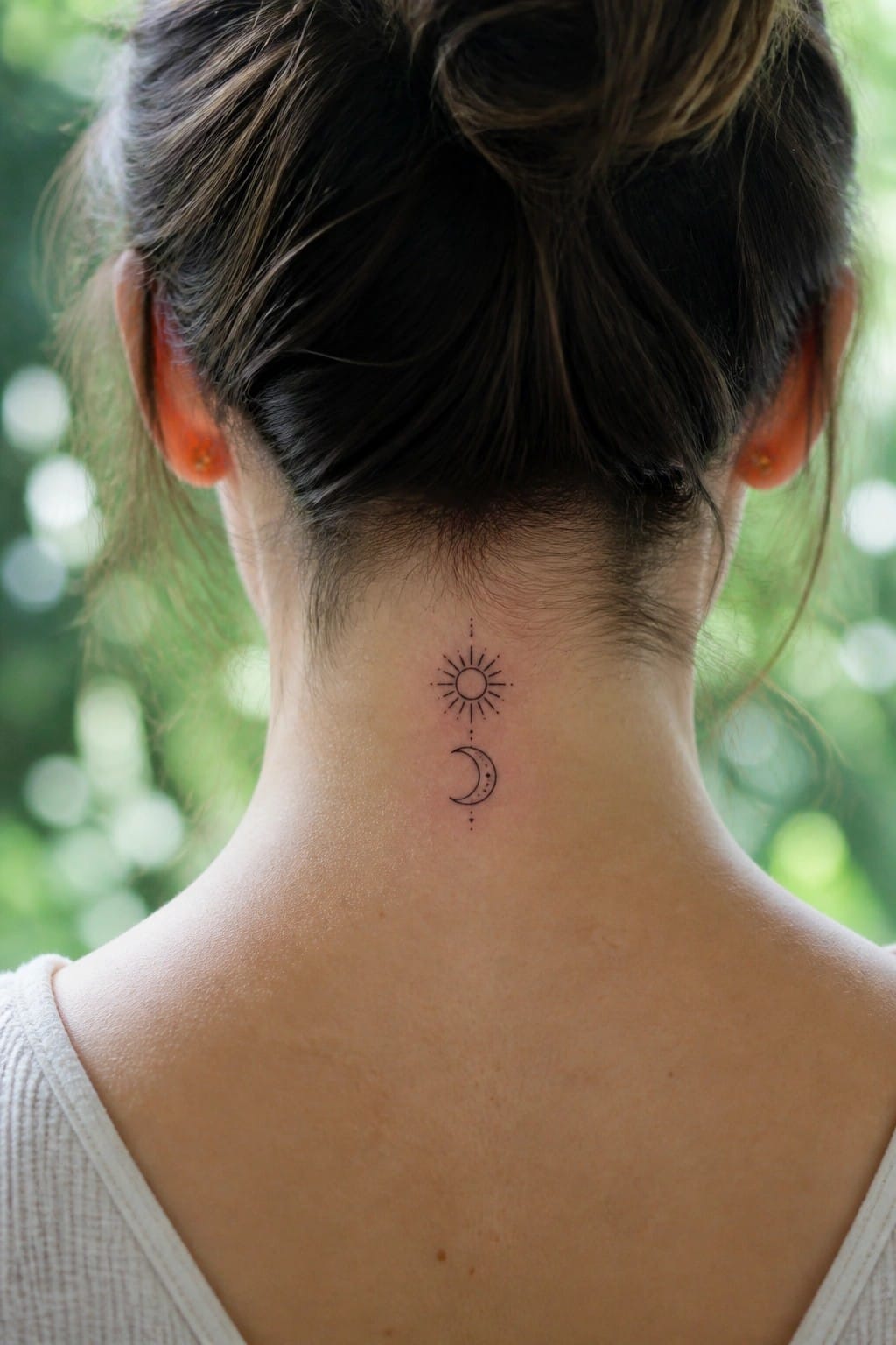 Small fine line tattoo of a sun above a crescent moon centered on the back of a woman's neck