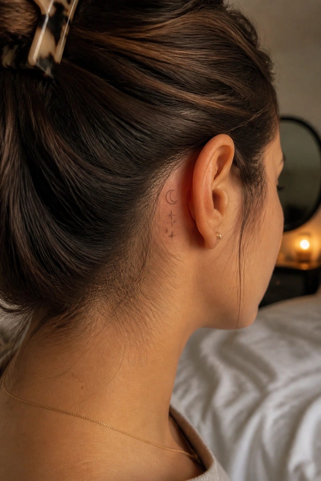 Woman with dark hair in bun, crescent moon and stars tattoo behind ear, gold necklace.