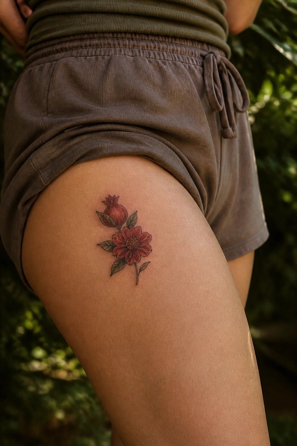 Red flower and pomegranate tattoo on thigh with olive shorts and green top