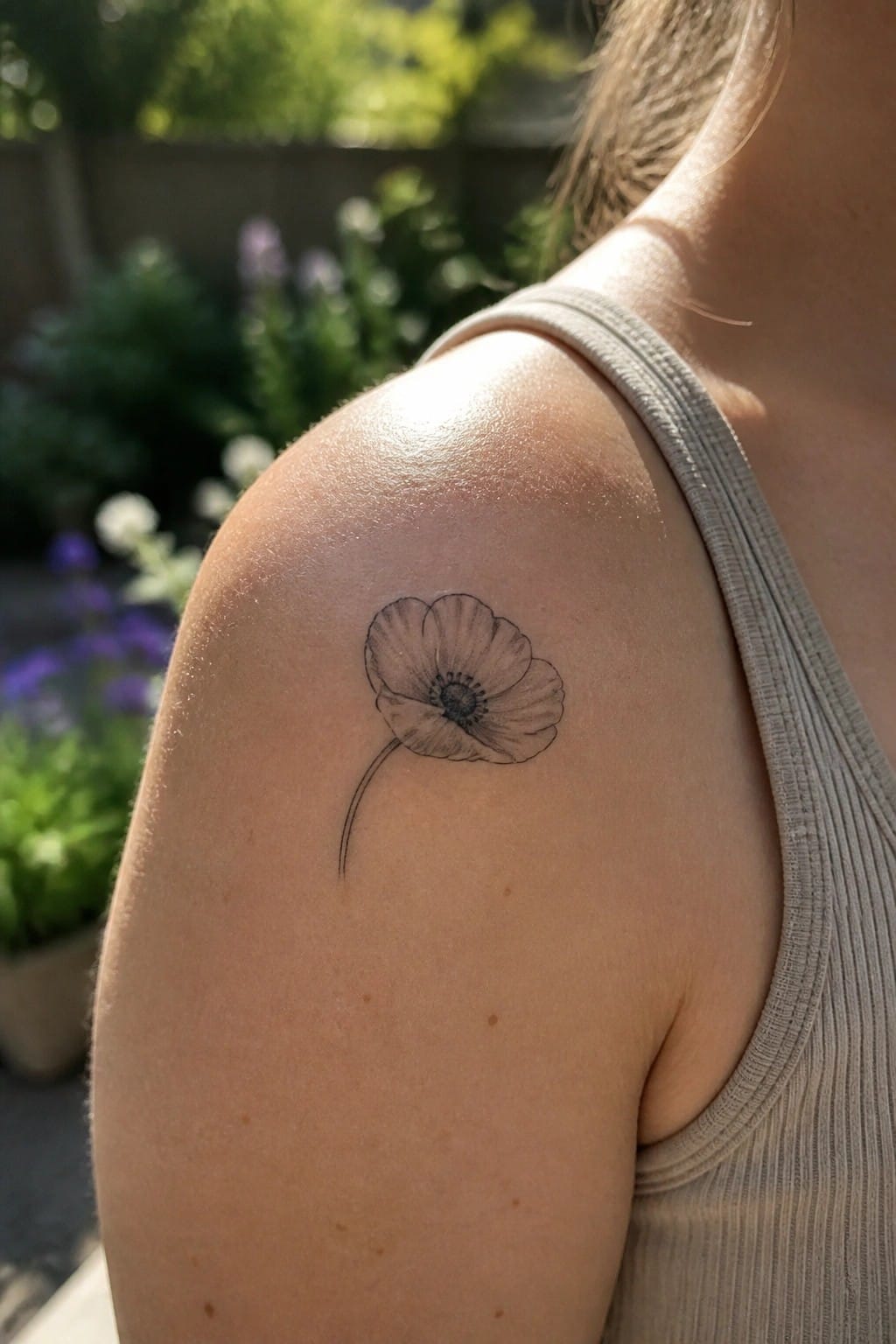 Black poppy tattoo on sunlit shoulder above gray tank top strap in garden.