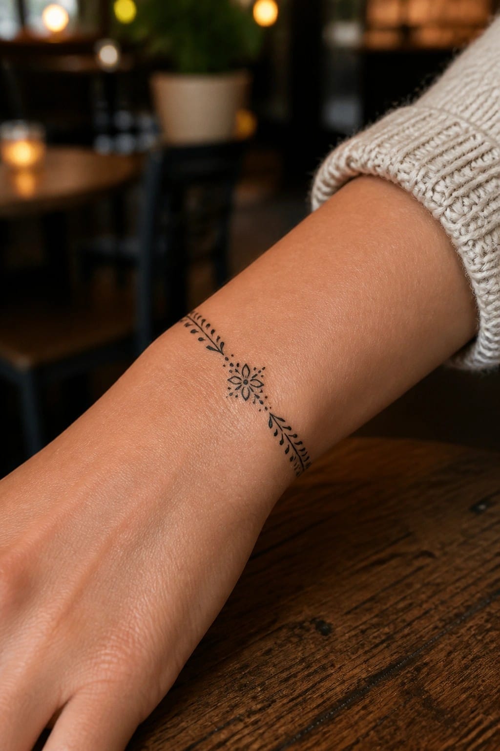 Small fine line floral tattoo on inner wrist showing a central flower with dots and leafy branches extending outward