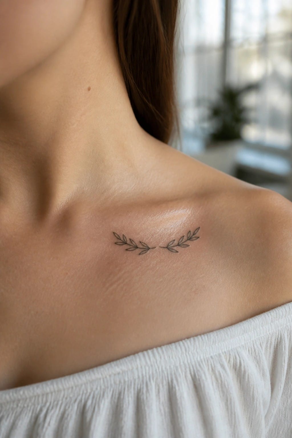 Fine line tattoo of two small leafy branches forming a minimal wreath on the collarbone area