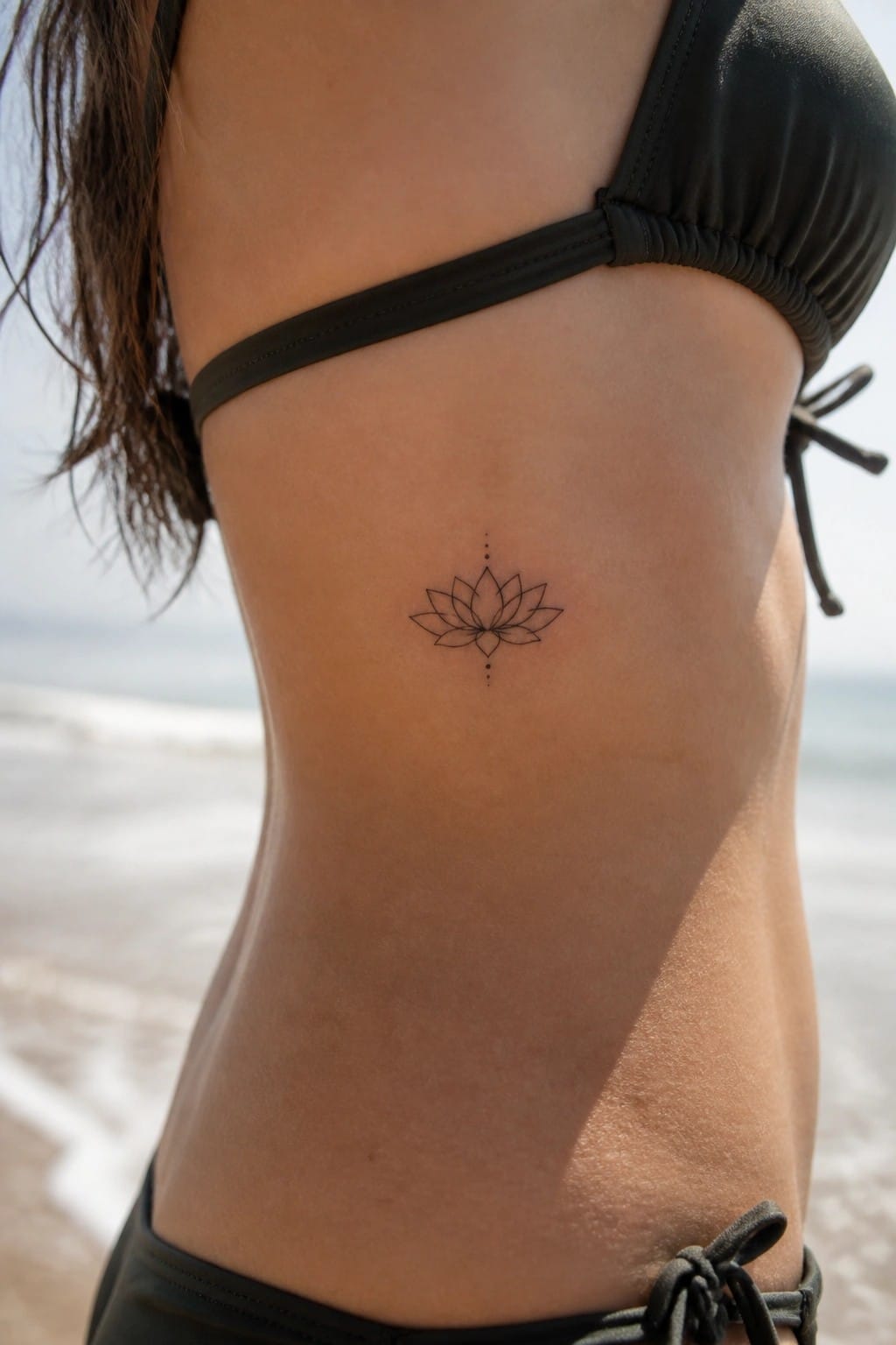 Woman's ribcage with black bikini and minimalist lotus flower tattoo by ocean