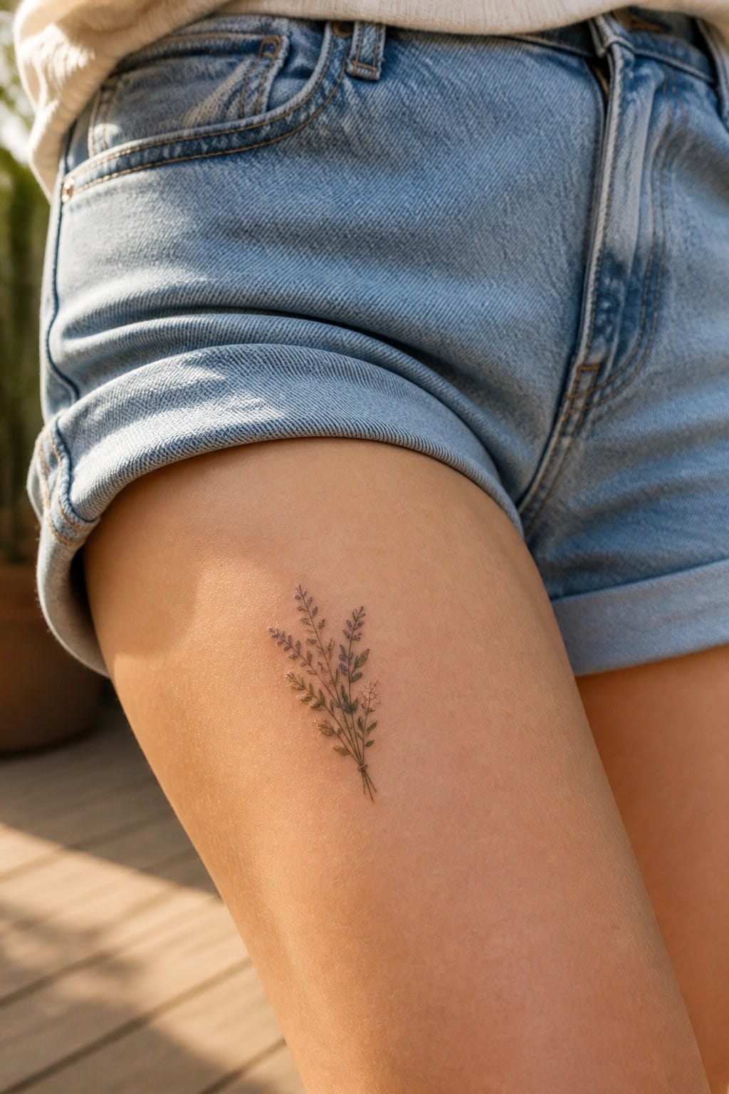Small fine line wildflower bouquet tattoo on the upper thigh below denim shorts hem.
