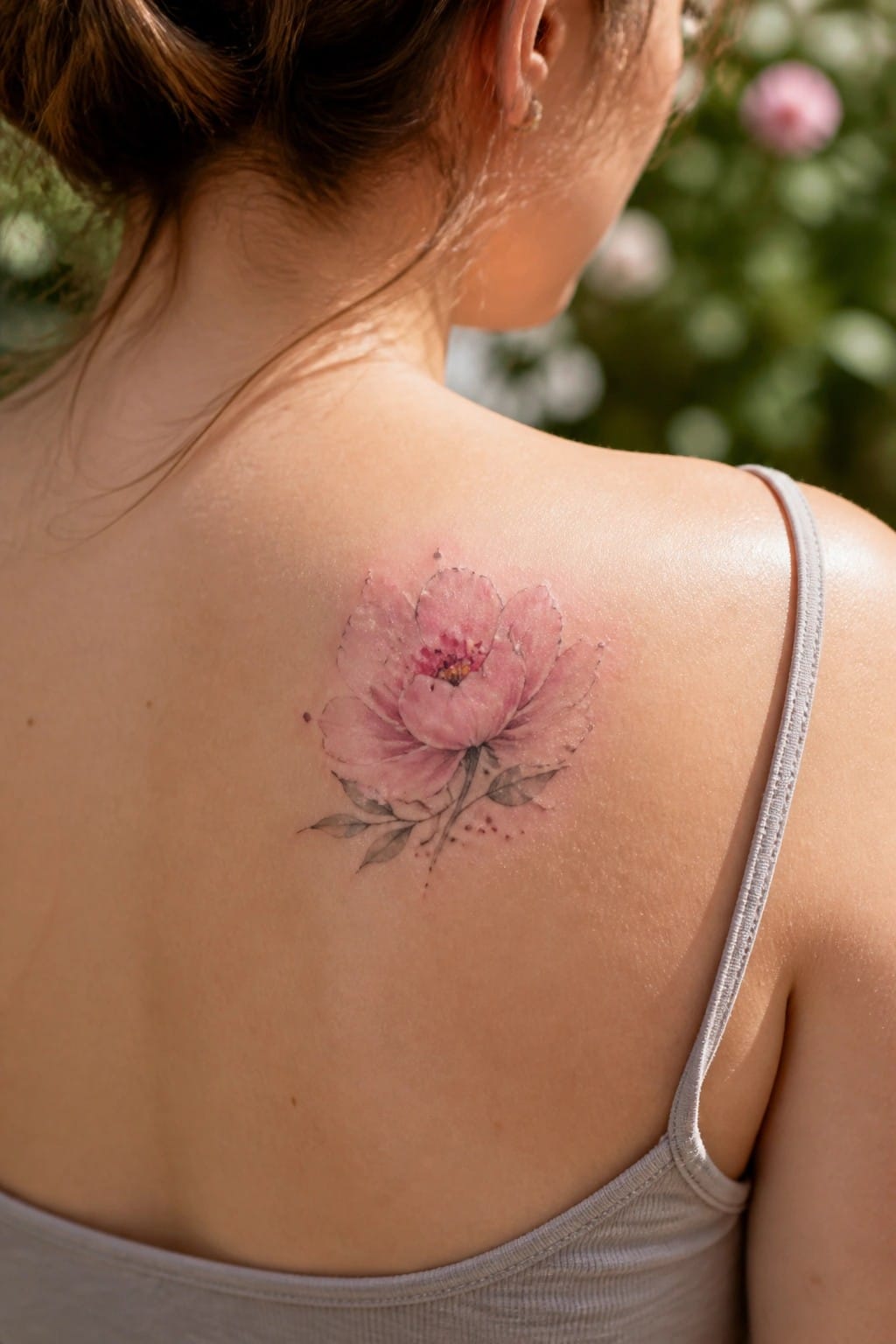 Pink watercolor flower tattoo on woman's shoulder over gray tank top strap