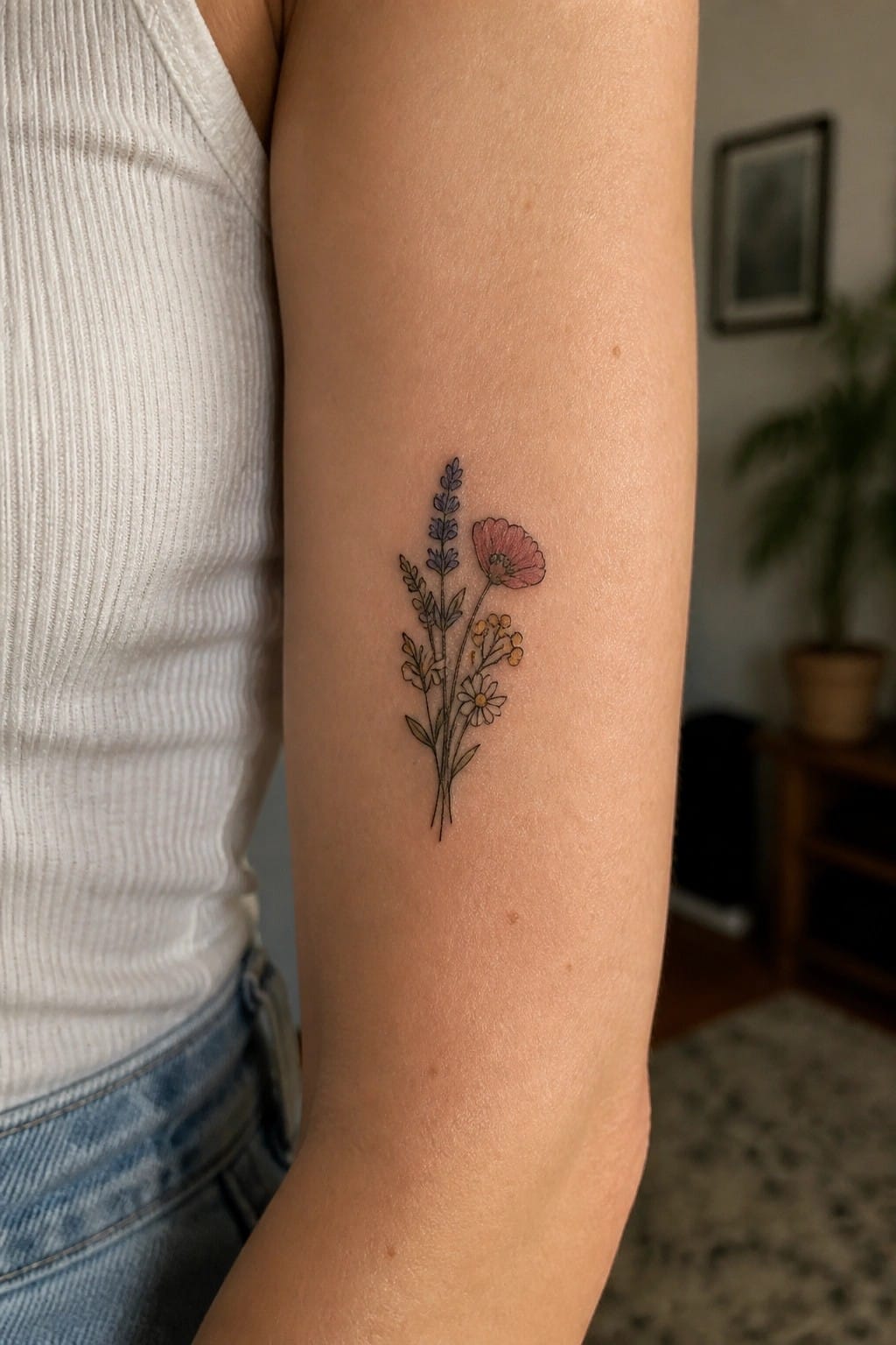 Delicate wildflower tattoo with pink poppy and lavender on upper arm in white tank top