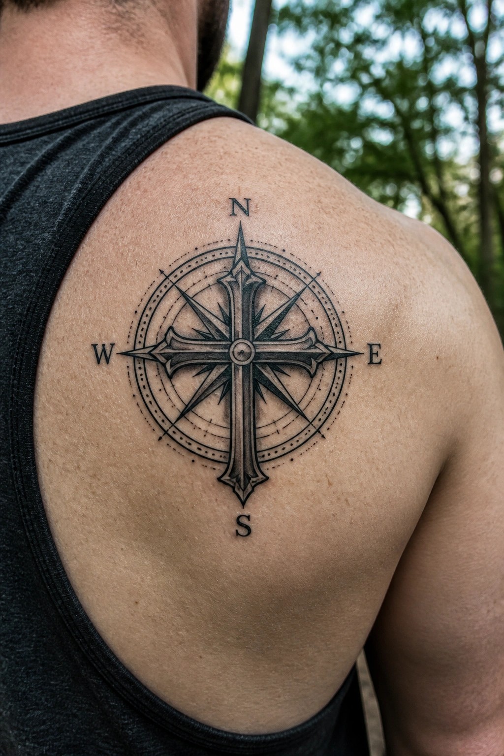 Black tank top and ornate compass rose cross tattoo on shoulder