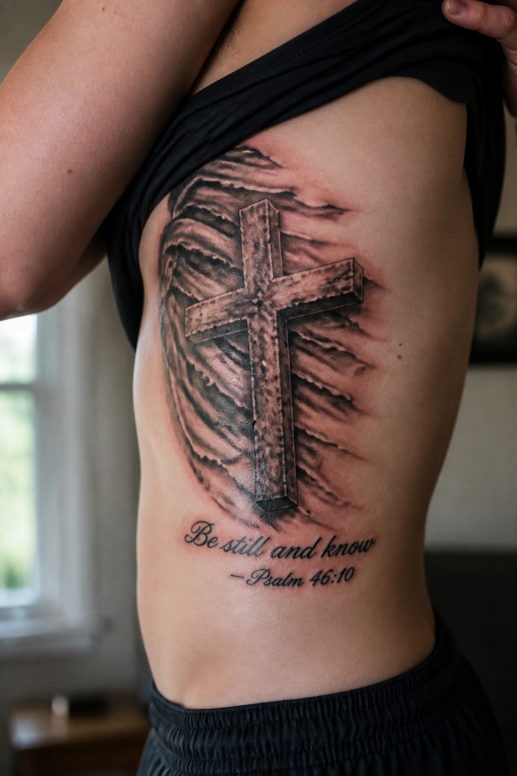 Cross tattoo ripping through torn skin on torso above Psalm 46:10 quote