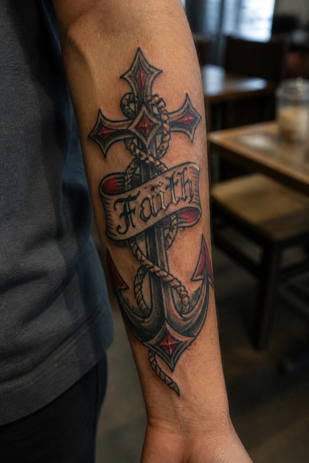 Ornate black-and-red cross and anchor tattoo with Faith banner on arm