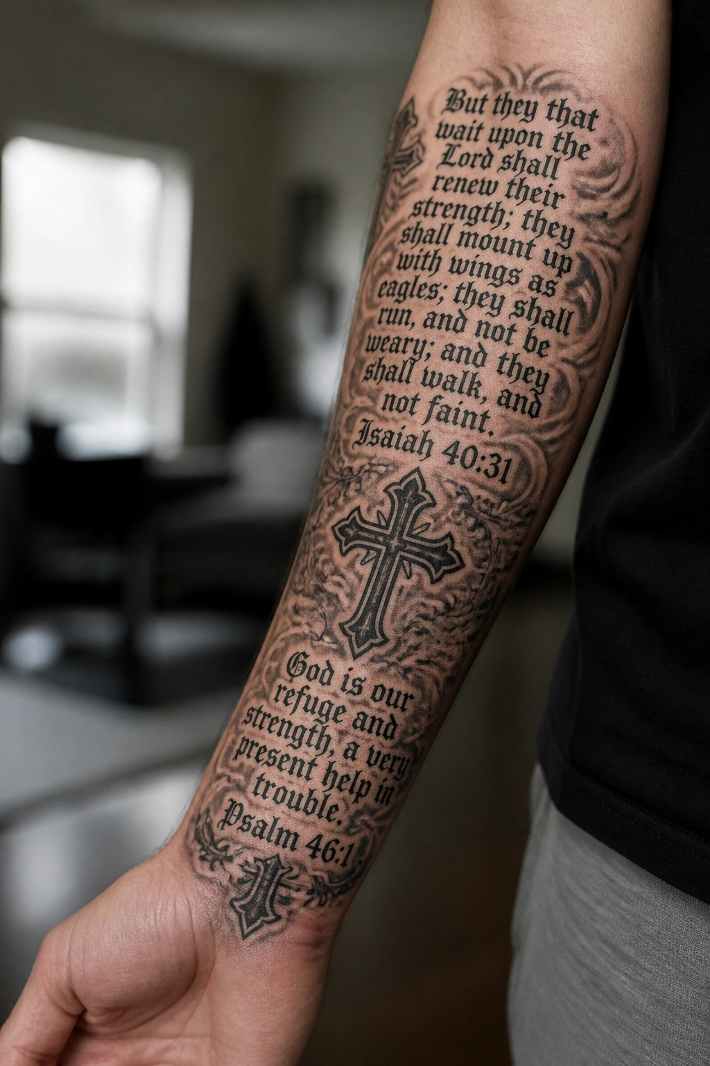 Arm tattoo with ornate cross, Isaiah 40:31 and Psalm 46:1 verses in black ink
