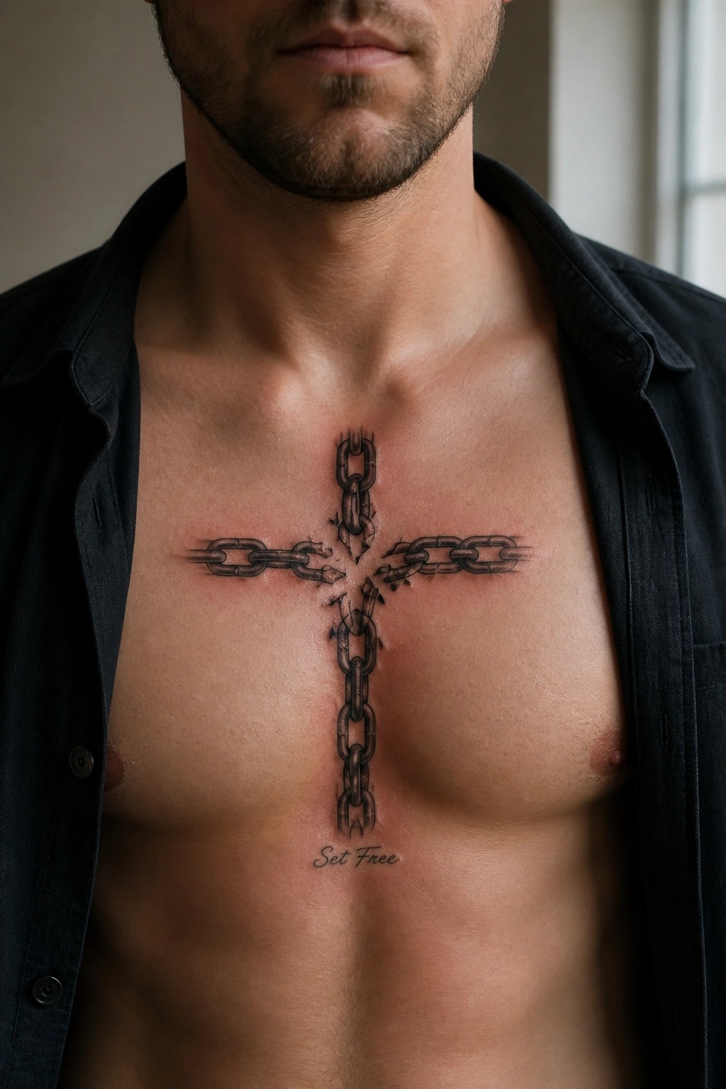A realistic black and grey tattoo of a cross formed by broken chains on a man's chest with the words Set Free below it