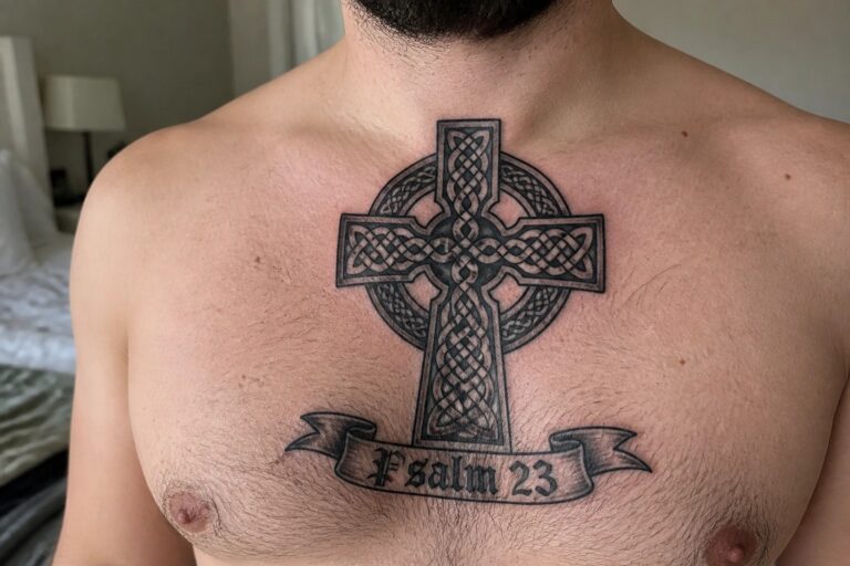 24 Bold Christian Tattoo Ideas for Men Built Around Scripture and Strong Symbolism Large black Celtic cross tattoo on a man's chest with intricate knotwork and a Psalm 23 banner at the bottom.
