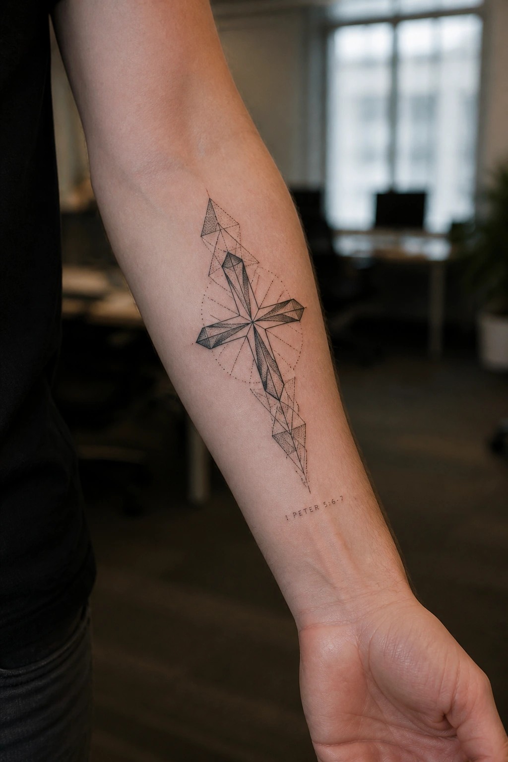 Geometric cross tattoo on forearm with