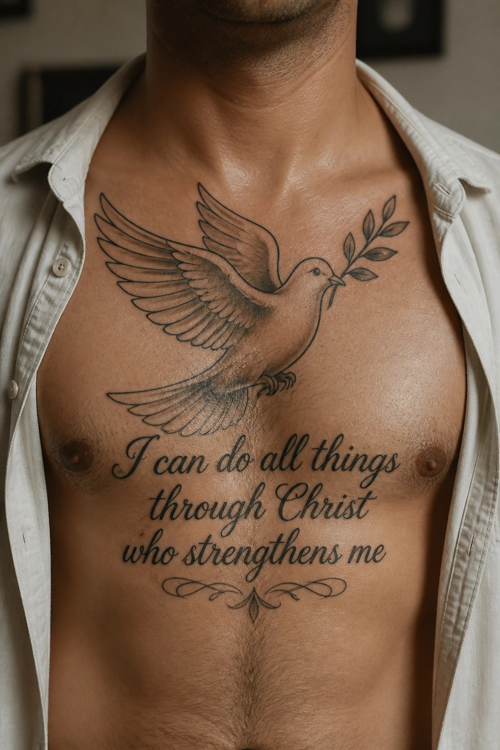 Black ink chest tattoo of a flying dove with an olive branch above the verse