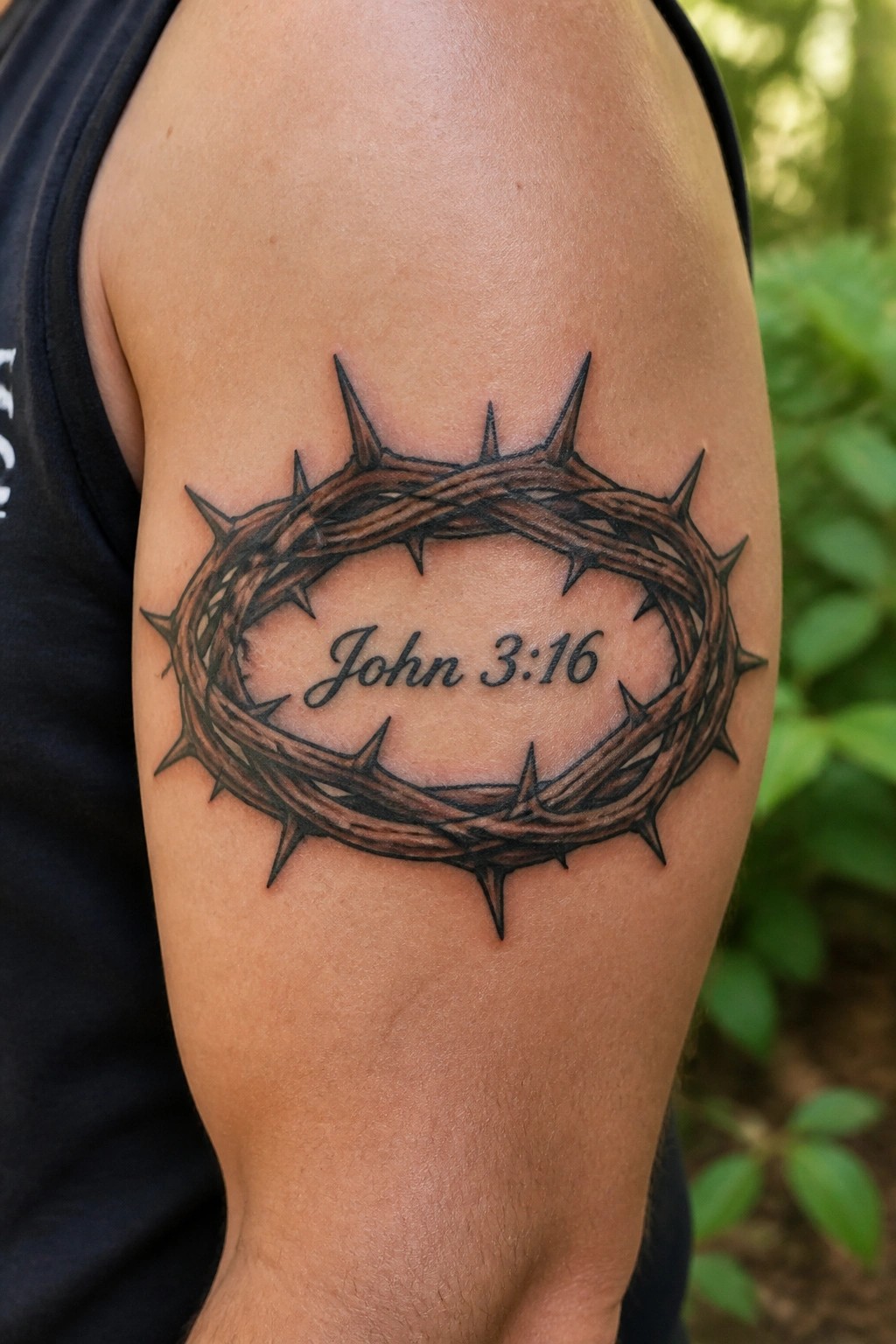Crown of thorns tattoo with John 3:16 text on upper arm in black tank top