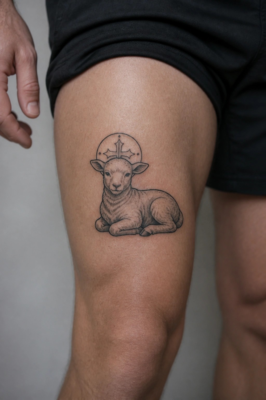 Black and gray lamb tattoo with halo and cross on a man's thigh