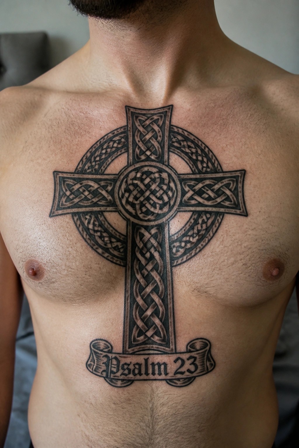 Large black Celtic cross tattoo on a man's chest with intricate knotwork and a Psalm 23 banner at the bottom.