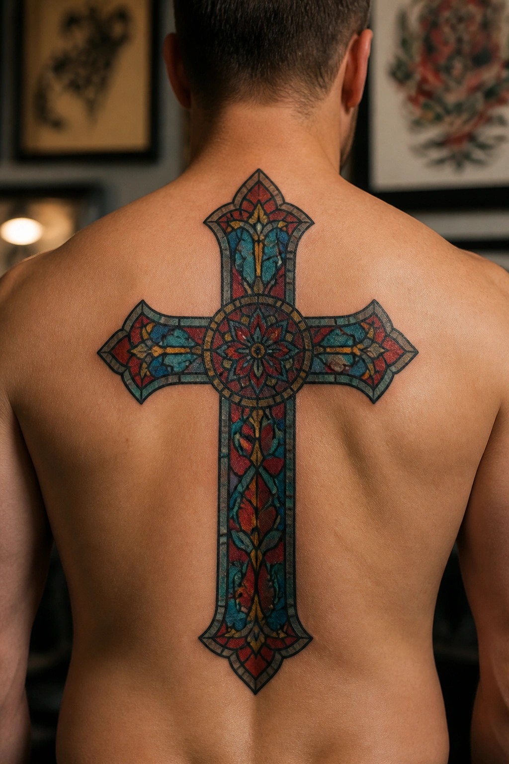 Large colorful stained glass style cross tattoo centered on a man's upper back, with red, blue, and yellow sections outlined in black.