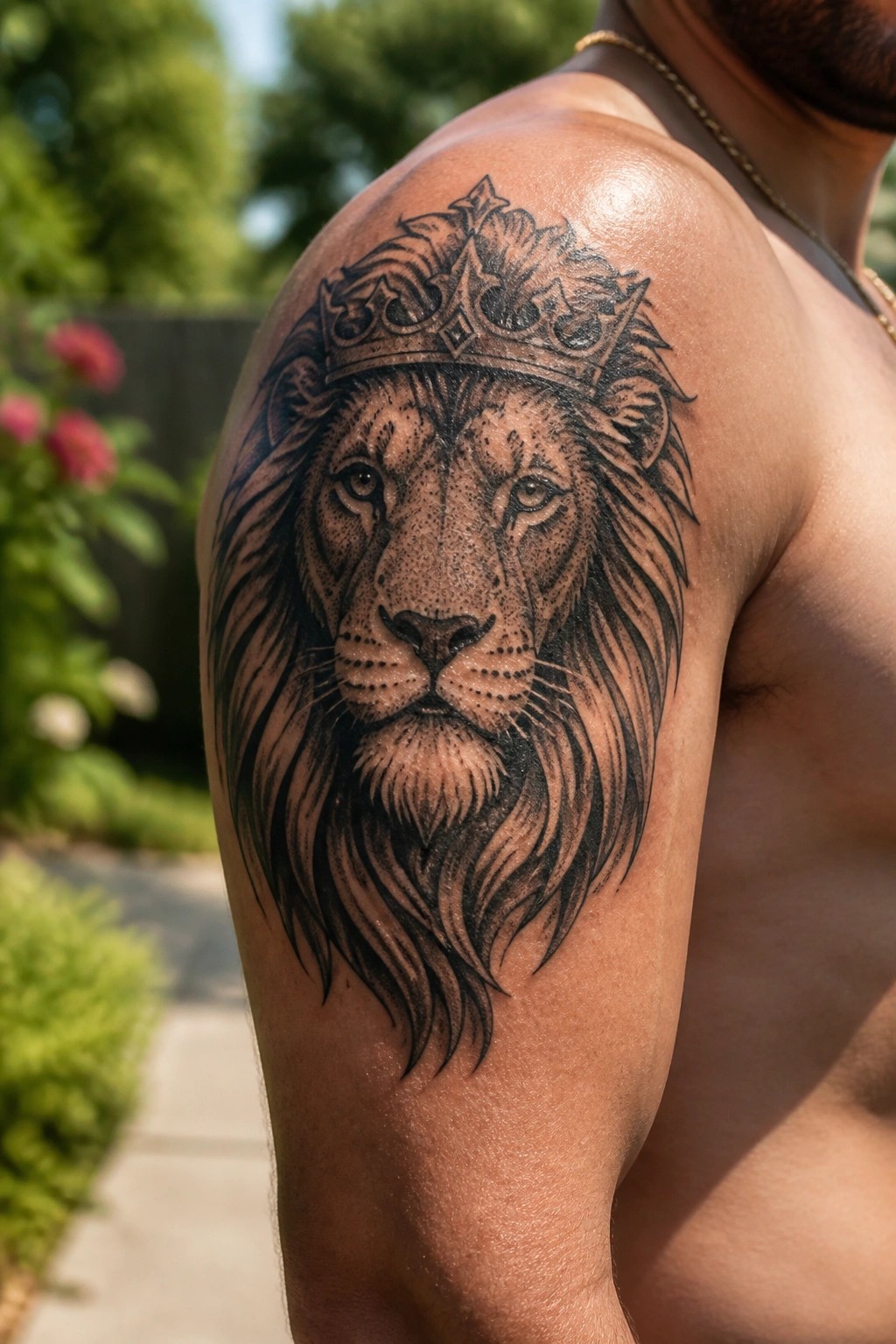 Detailed black-and-gray crowned lion tattoo on shirtless man's shoulder