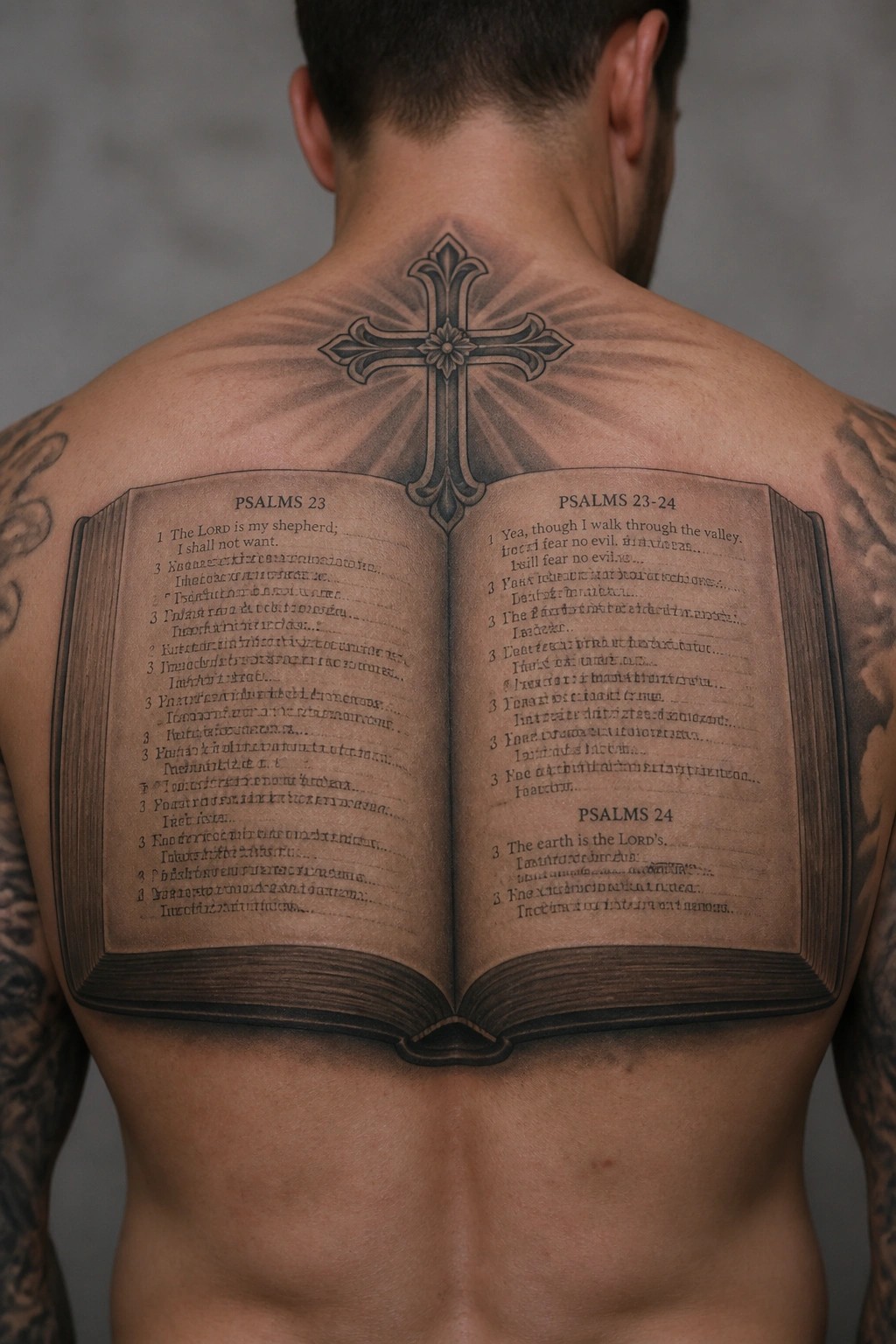 Large open book tattoo on a man's upper back displaying Psalms 23 and 24 text with a cross above it