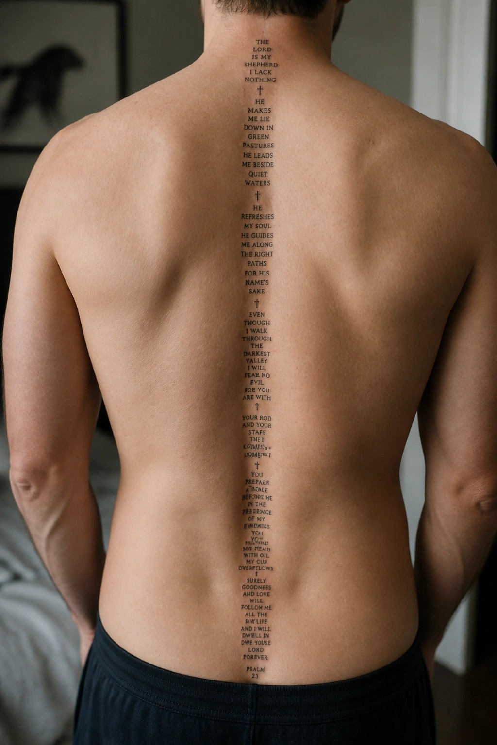 Shirtless man displays vertical Psalm 23 tattoo along spine with dark shorts