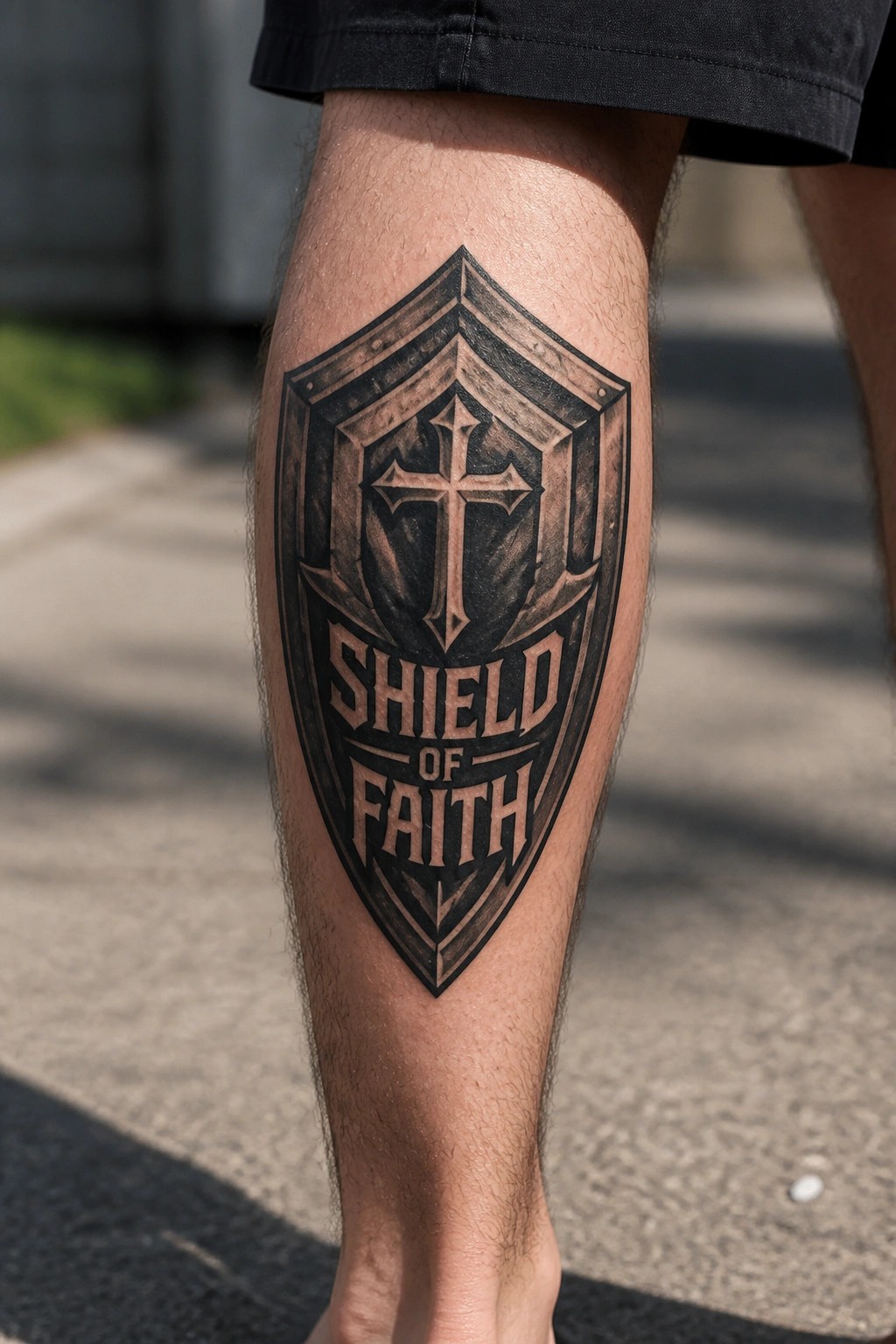 Black and grey shield tattoo on a man's calf with a central cross and the words shield of faith in bold lettering.