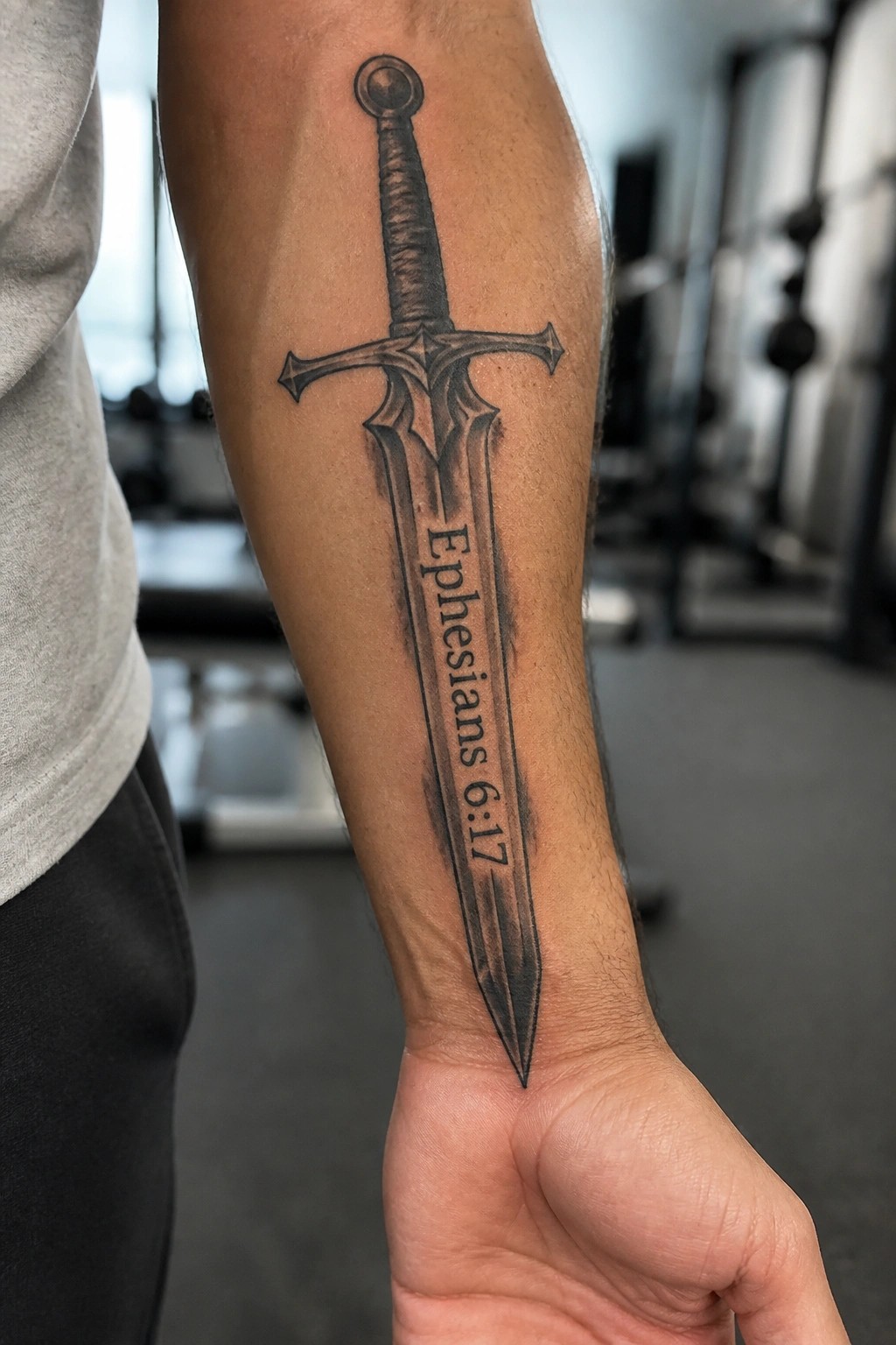 Sword tattoo with Ephesians 6:17 on forearm in gym setting