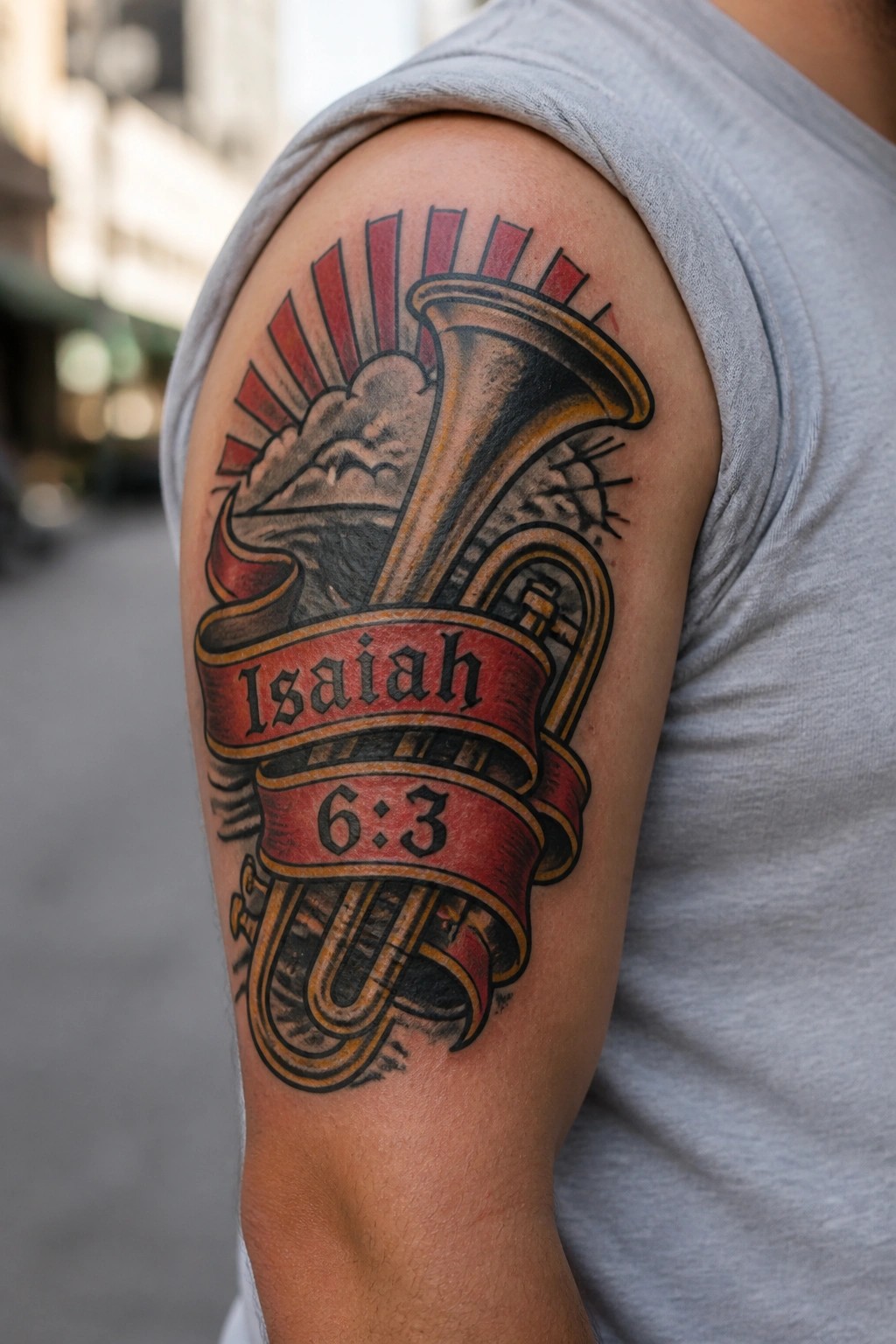 Traditional trumpet tattoo with red banner reading Isaiah 6:3 on gray shirt shoulder