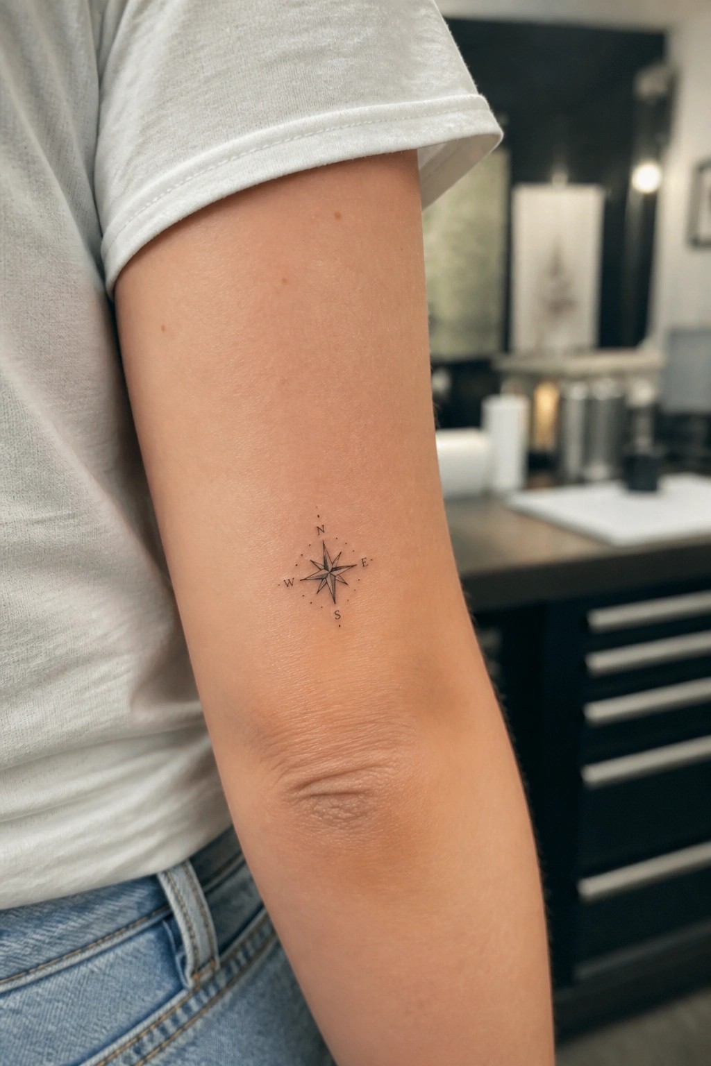 Arm with compass rose tattoo, white t-shirt, blue jeans in kitchen setting.