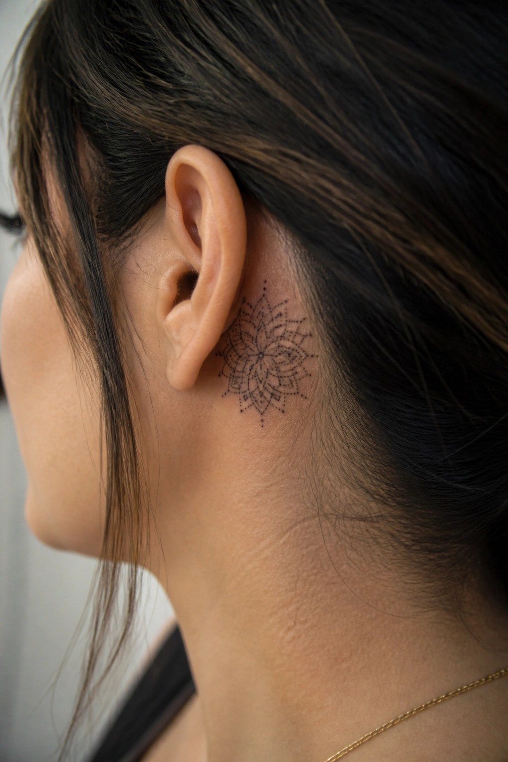 Black mandala tattoo behind a woman's ear with dark hair and gold chain