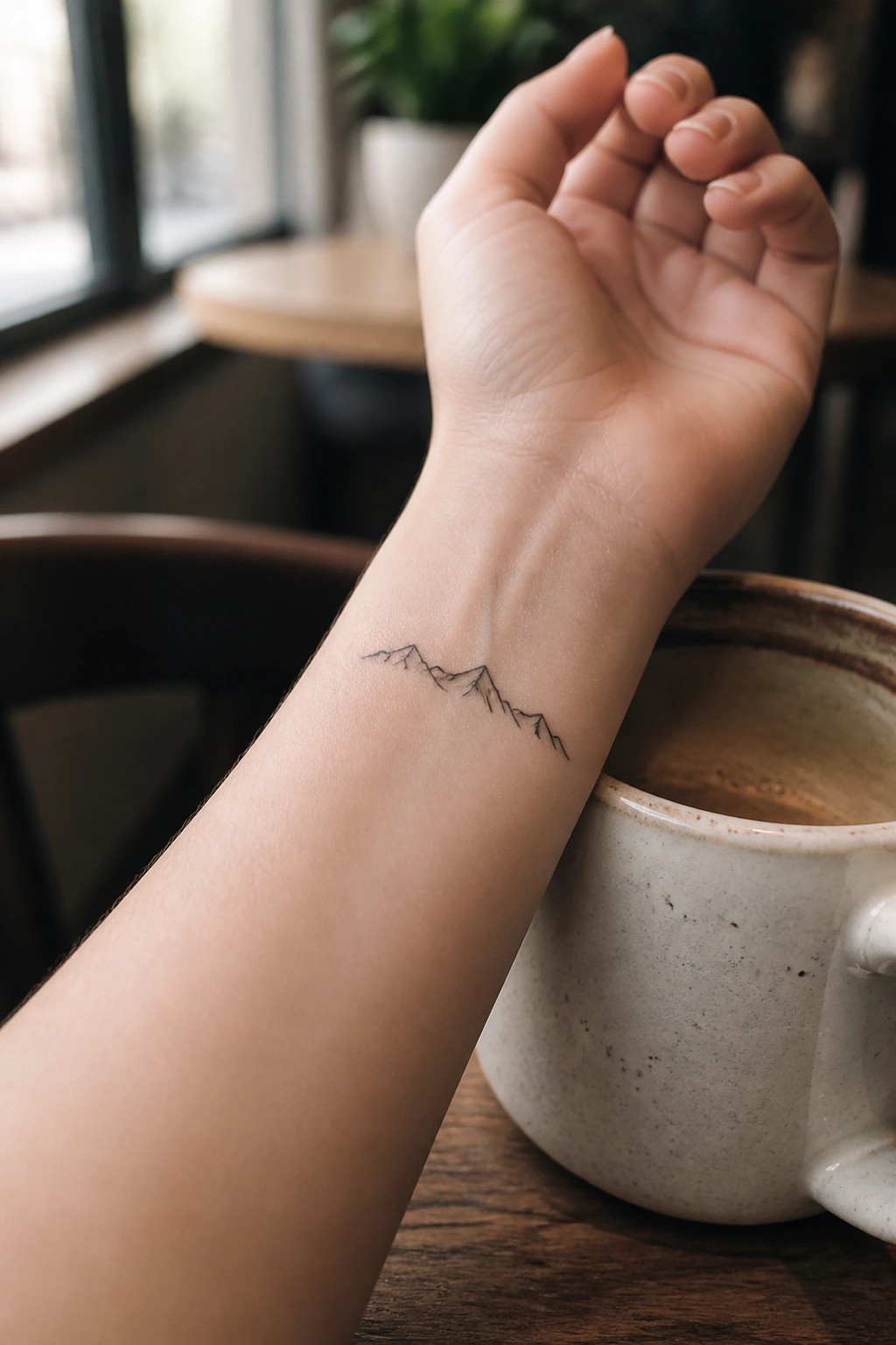 Minimalist line drawing of mountains tattooed on the inner wrist next to a coffee mug on a wooden table