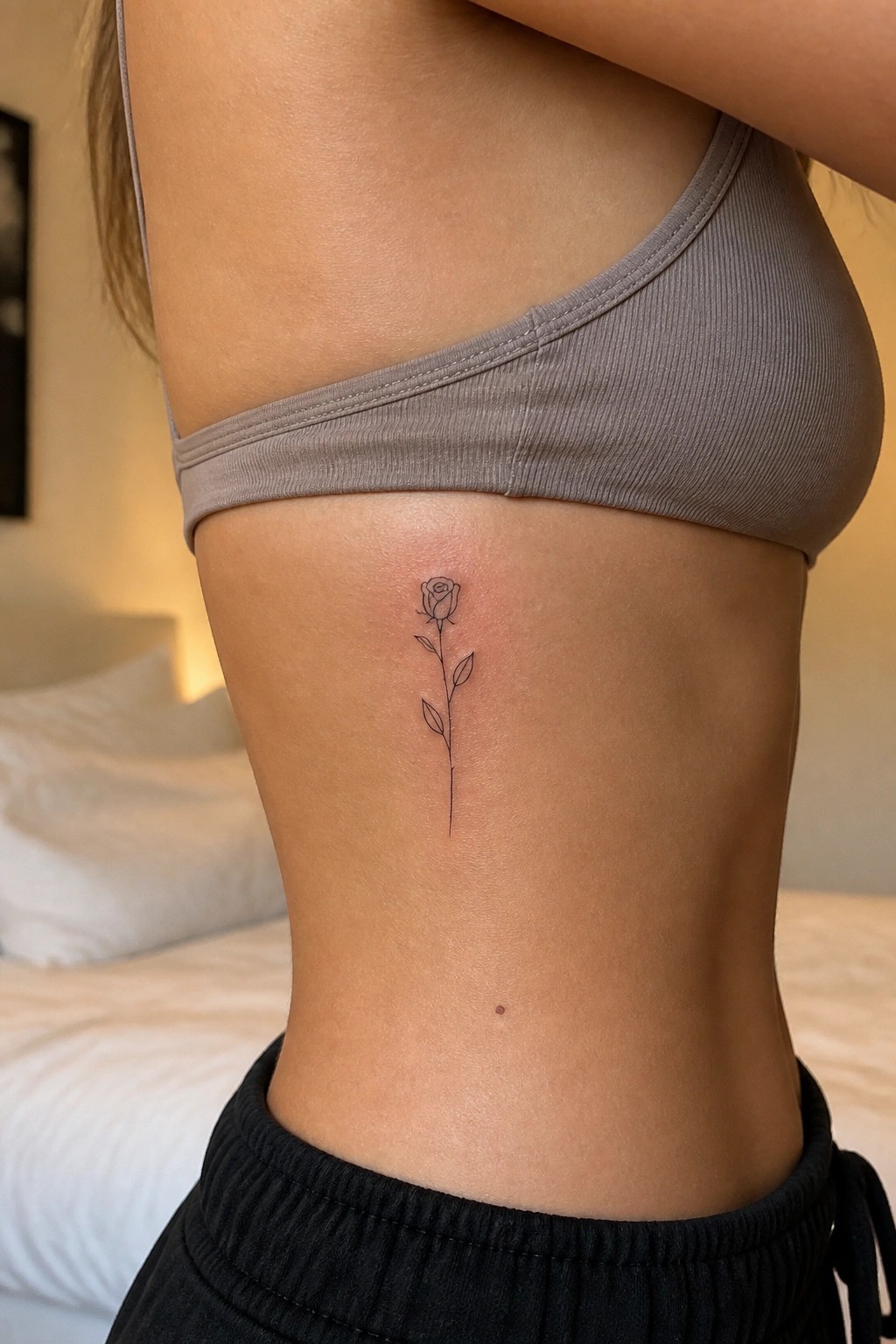 Small rose tattoo on ribs below gray ribbed crop top and black bottoms