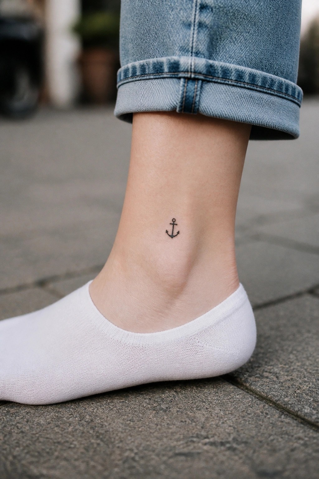 Small black anchor tattoo on the ankle above a white sock with rolled up jeans
