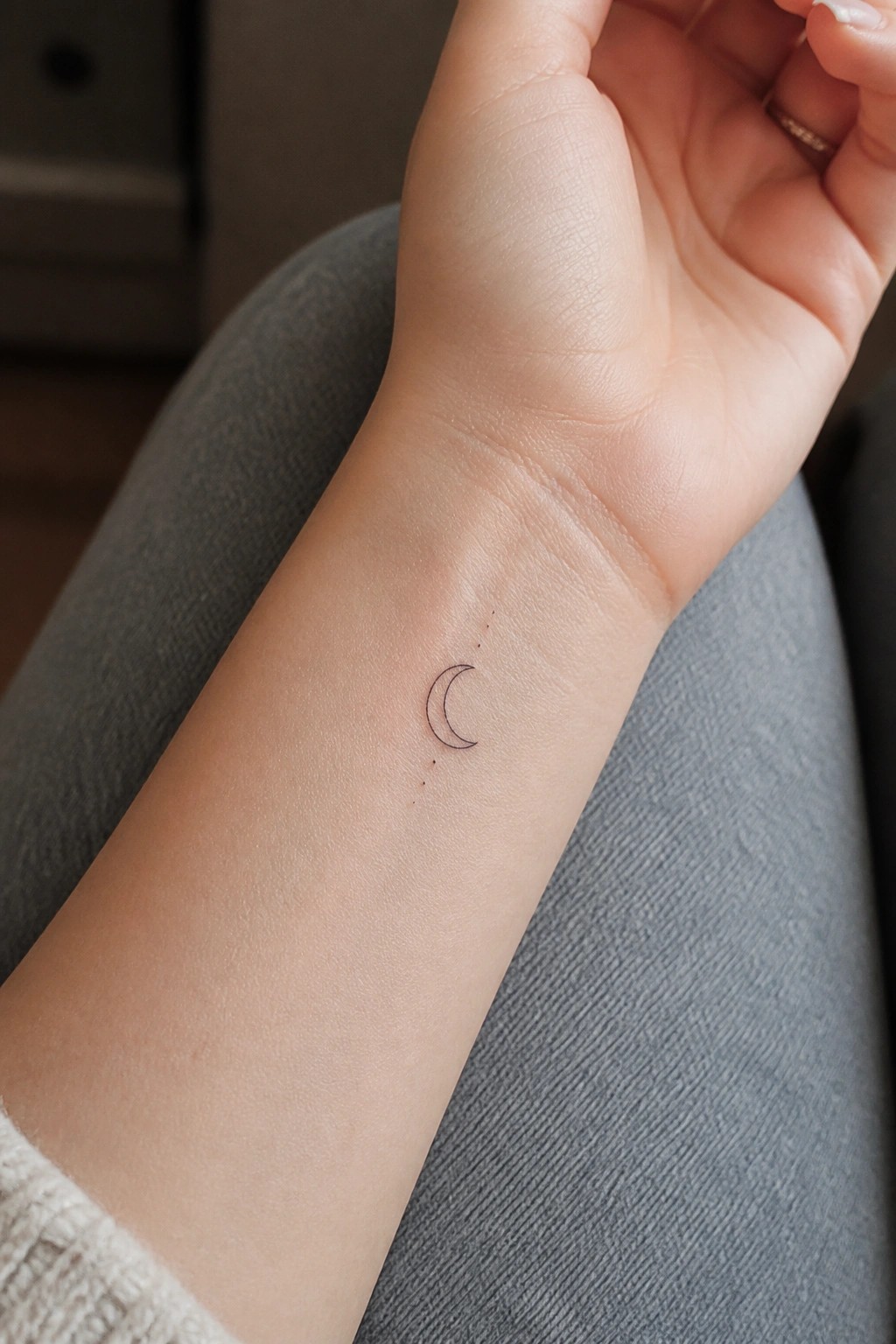 Fine line crescent moon tattoo with dots on the inner wrist