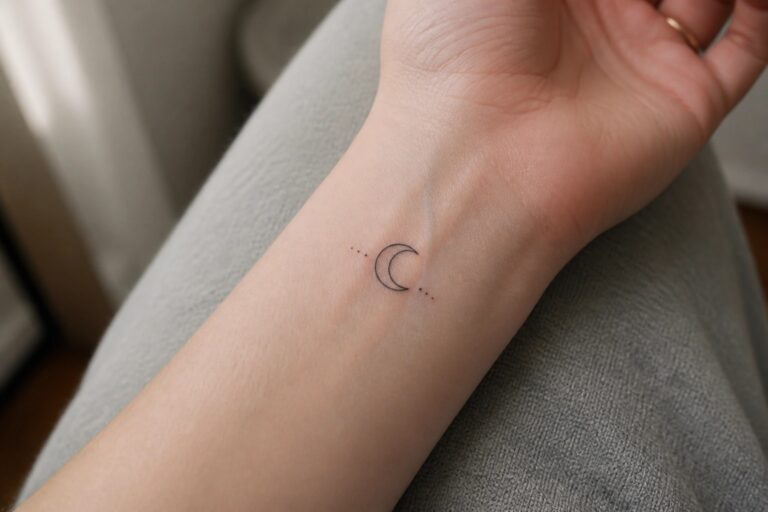 24 Classy Small Tattoos for Women Designed for an Effortless Everyday Look Fine line crescent moon tattoo with dots on the inner wrist