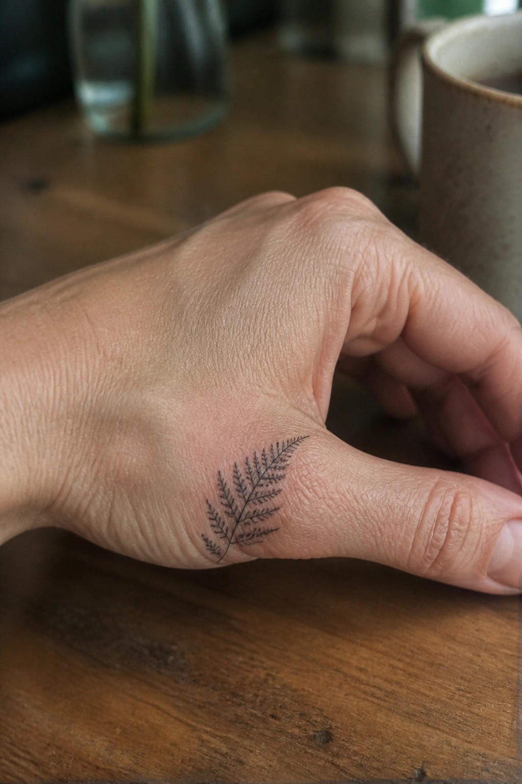 Hand with delicate fern tattoo resting on wooden table near ceramic mug