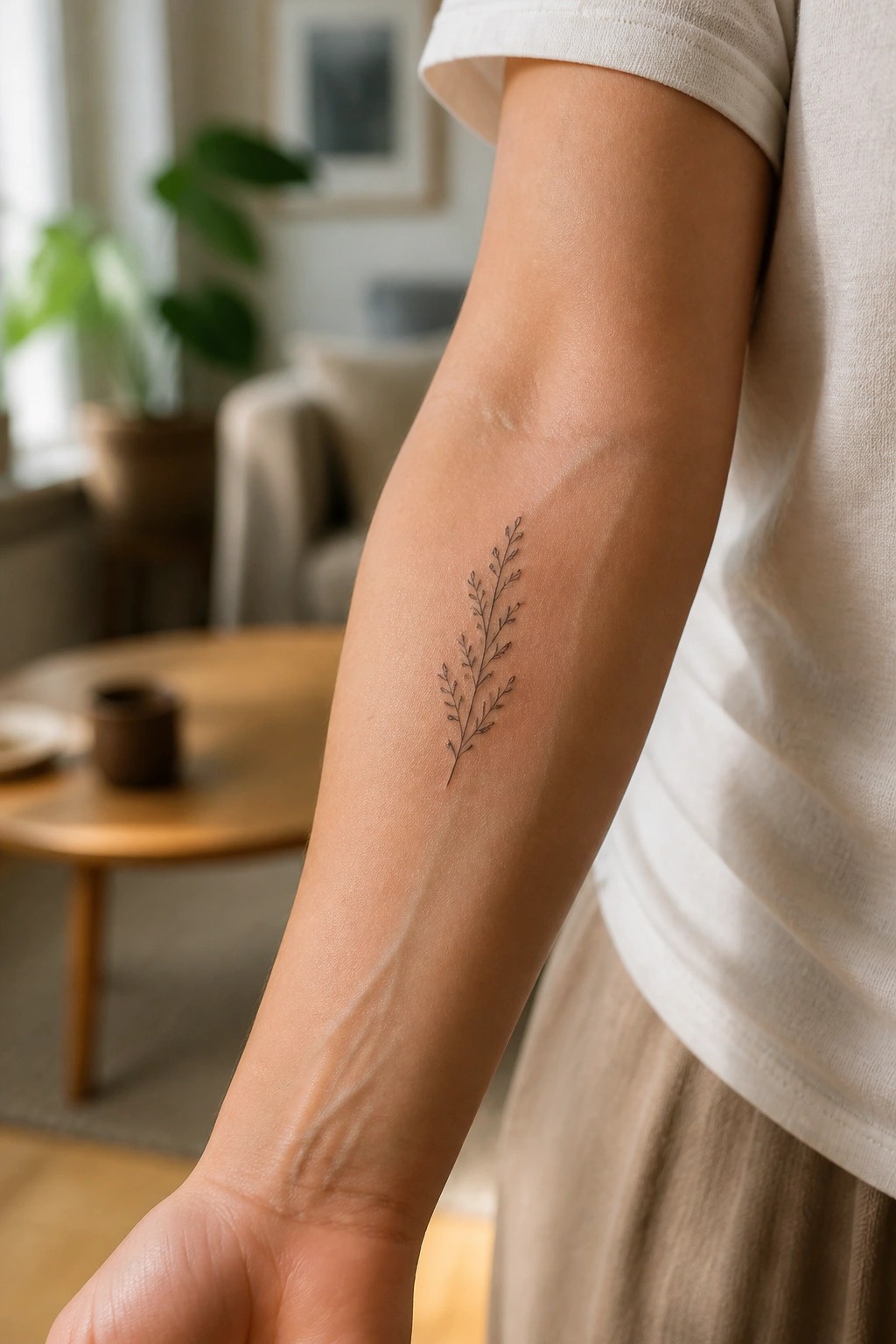 Fine line tattoo of a small plant sprig placed vertically on the inner forearm.