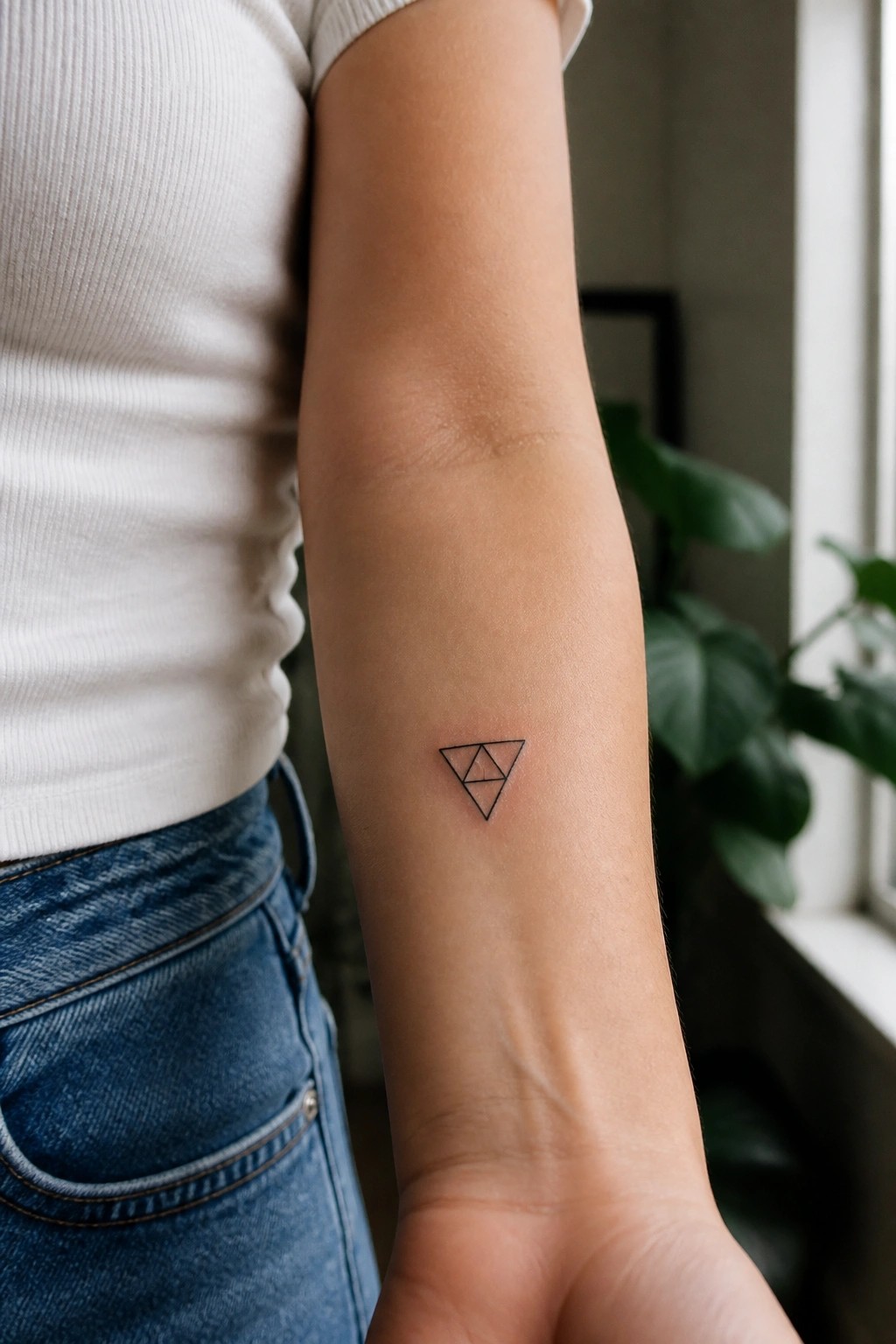 small black line tattoo of nested triangles on the inner forearm of a person in a white top and jeans