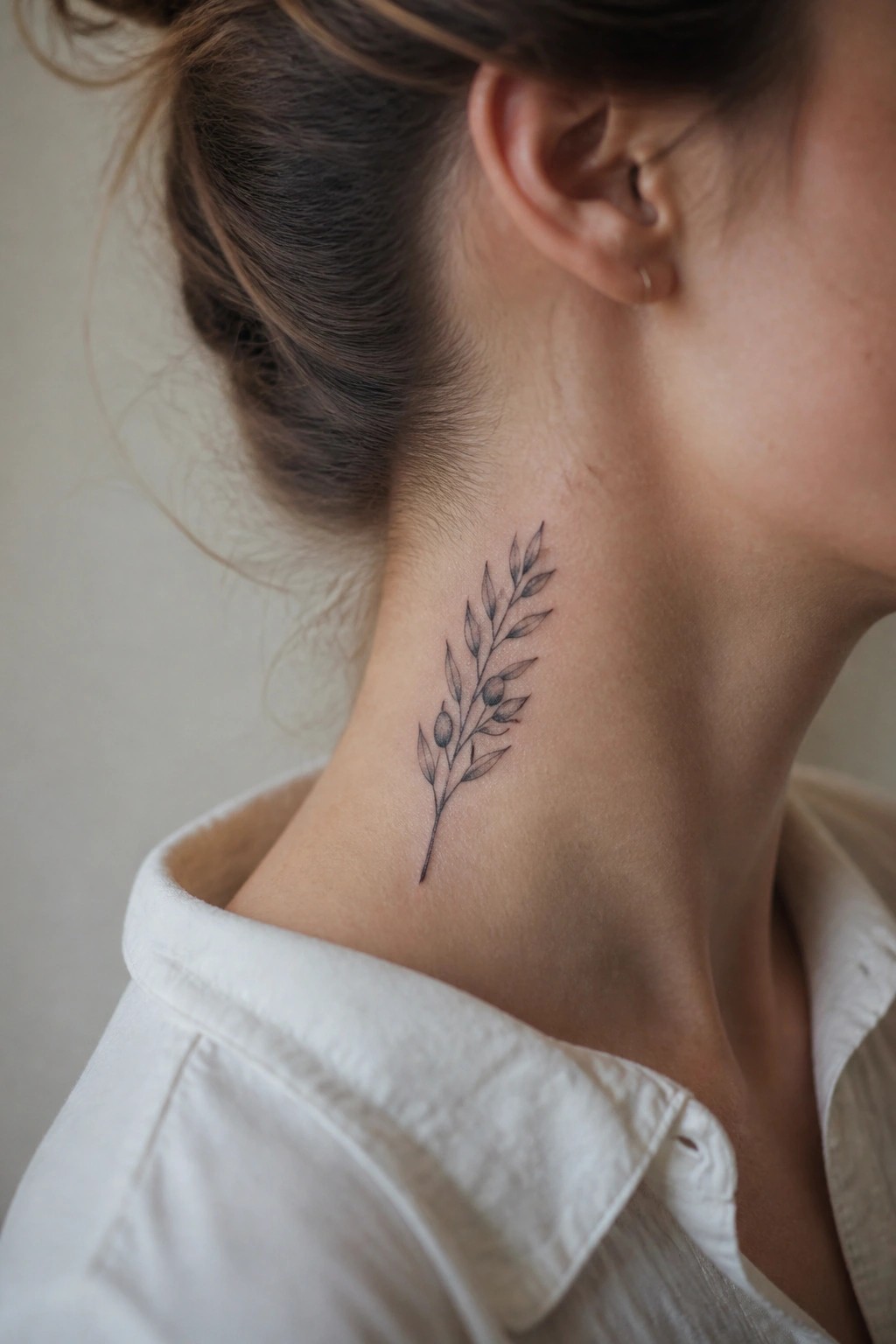 Woman's neck with olive branch tattoo, white shirt, and gold earring.